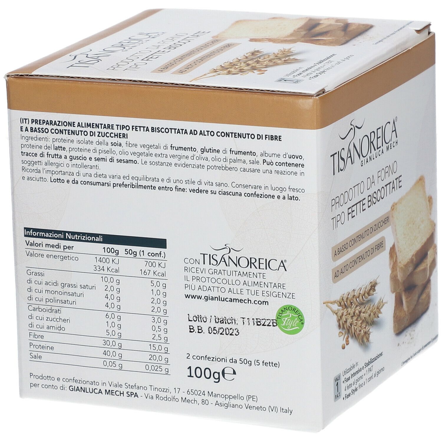 Scatola di Fette Biscottate. Testo e informazioni nutrizionali in italiano. Confezione da 100g.