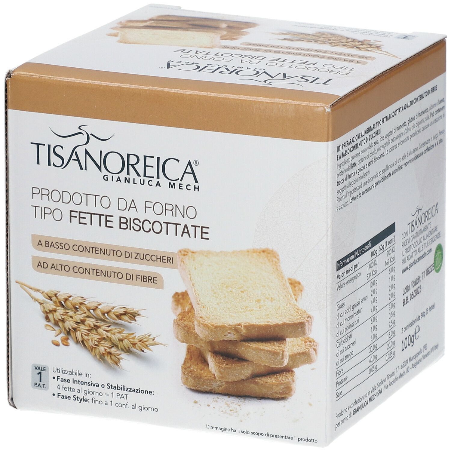 Scatola di Fette Biscottate. Nome del prodotto e testo in italiano. Pila di toast sul davanti.