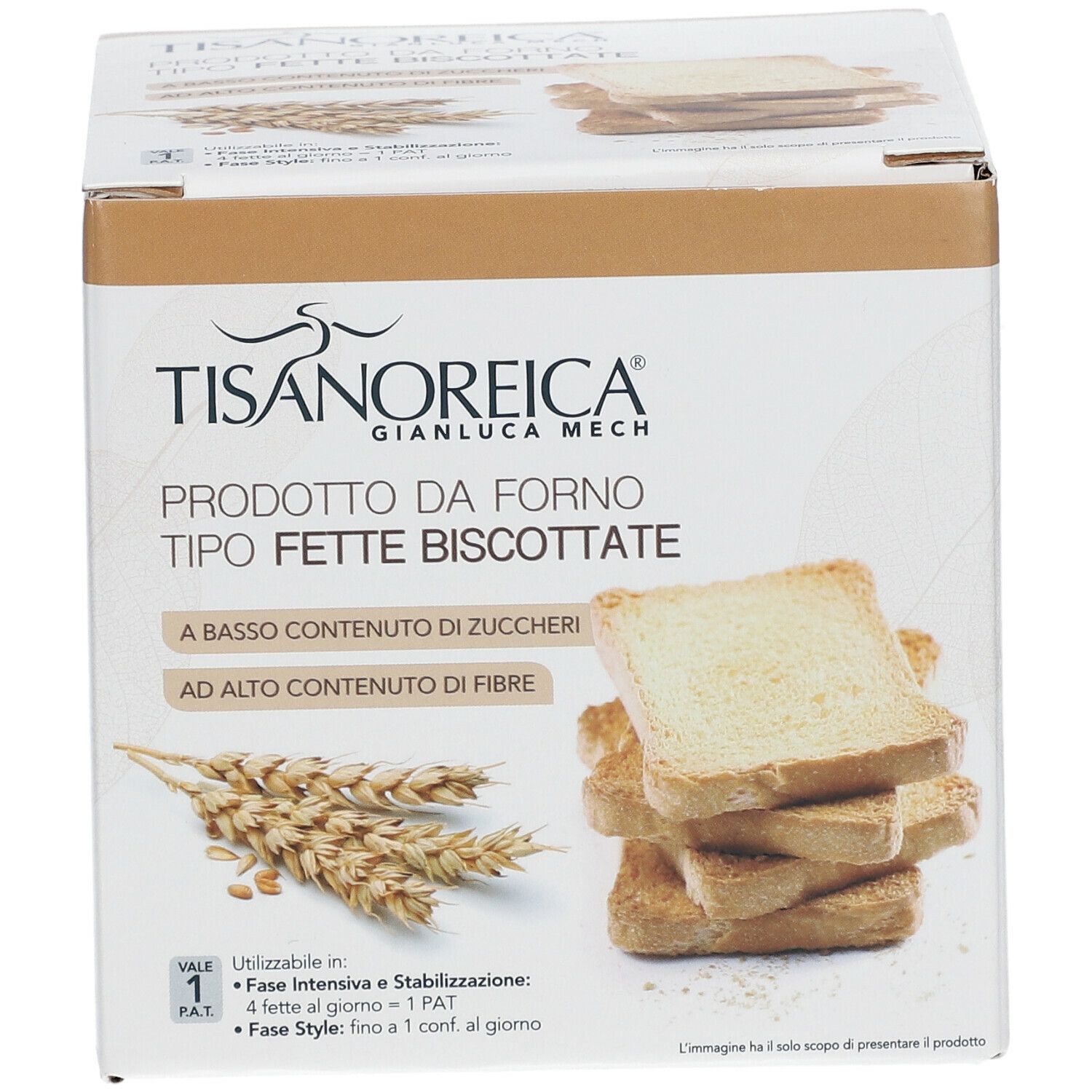 Scatola di Fette Biscottate. Nome del prodotto e testo in italiano. Pila di toast sul davanti.