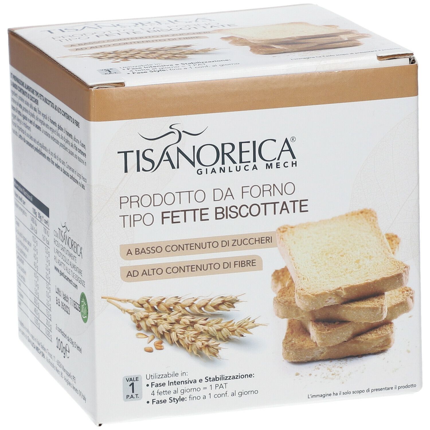Scatola di Fette Biscottate. Nome del prodotto e testo in italiano. Pila di toast sul davanti.