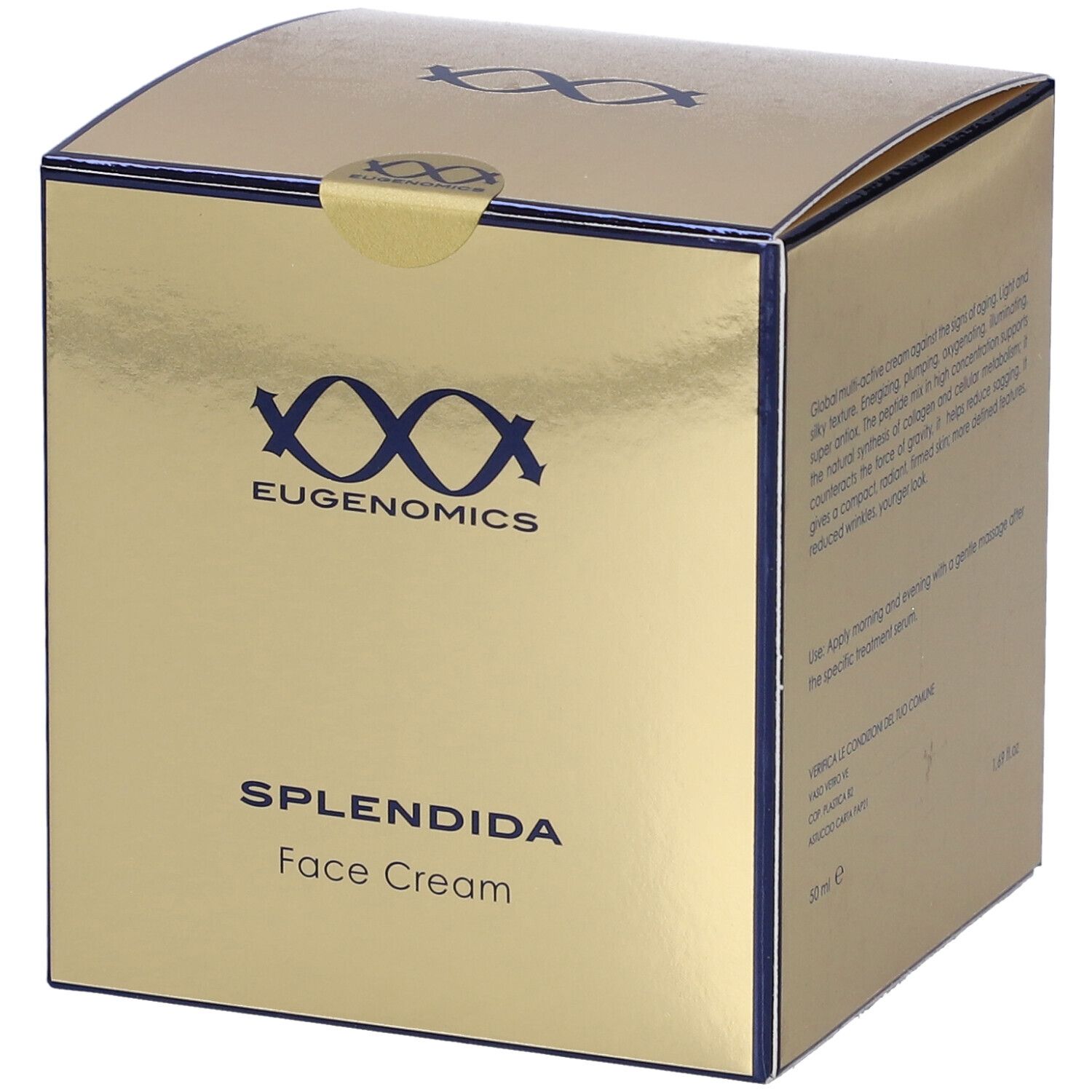 Scatola dorata con scritte blu. Scritto: EUGENOMICS, SPLENDIDA Face Cream. Sigillo.