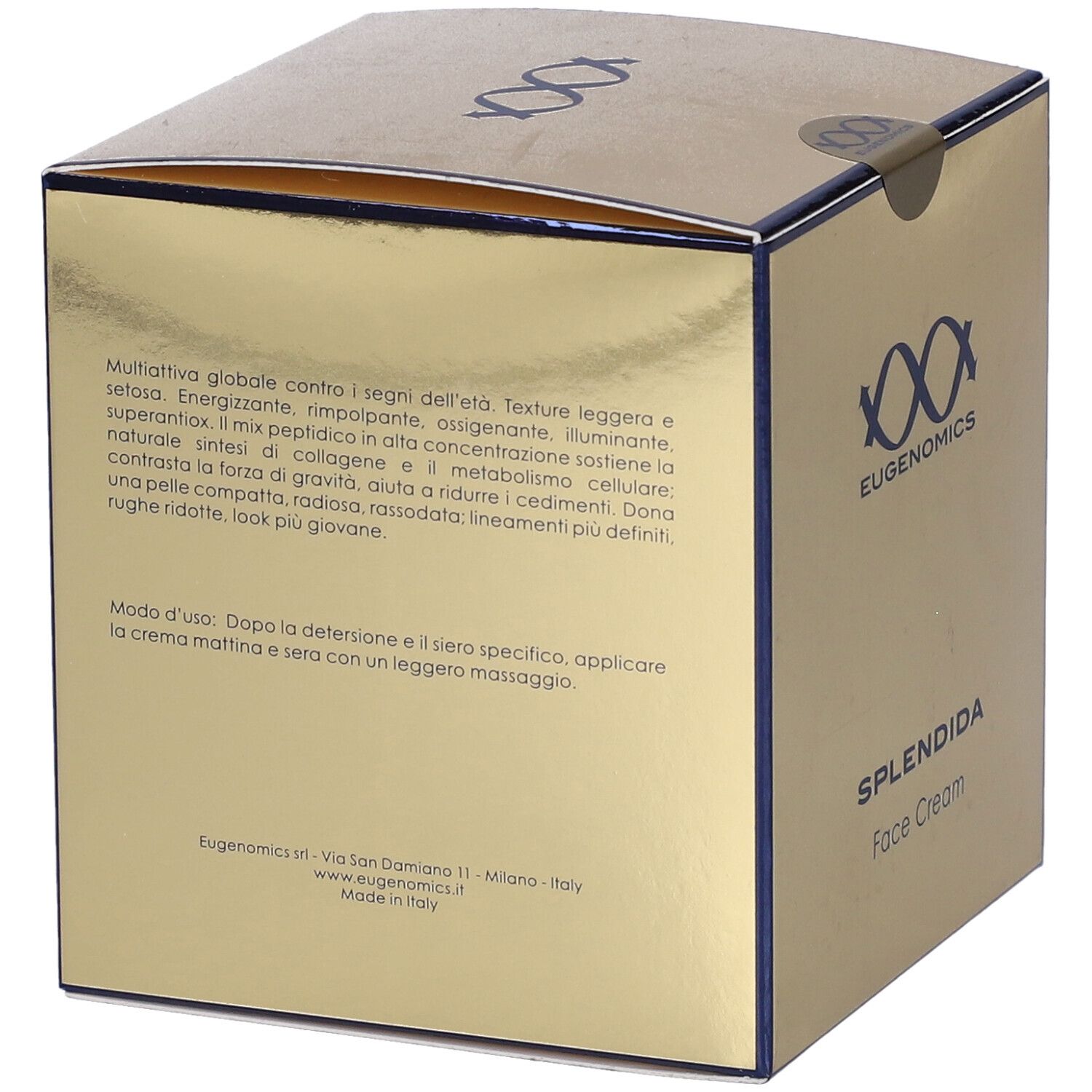Retro della scatola dorata. Testo in italiano. Marchio EUGENOMICS. Nome prodotto SPLENDIDA Face Cream.