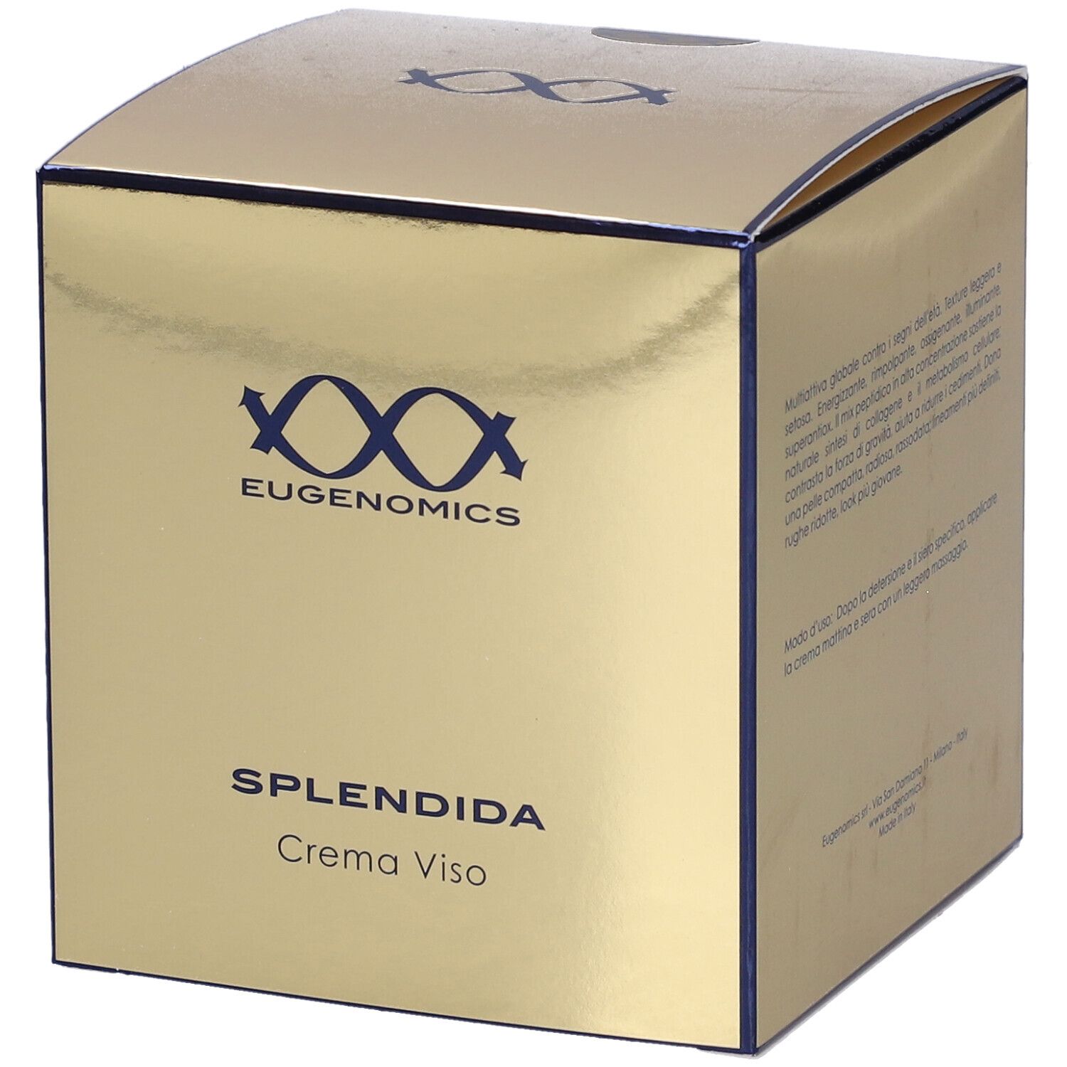 Scatola dorata con scritte blu. Scritto: EUGENOMICS, SPLENDIDA Crema Viso.