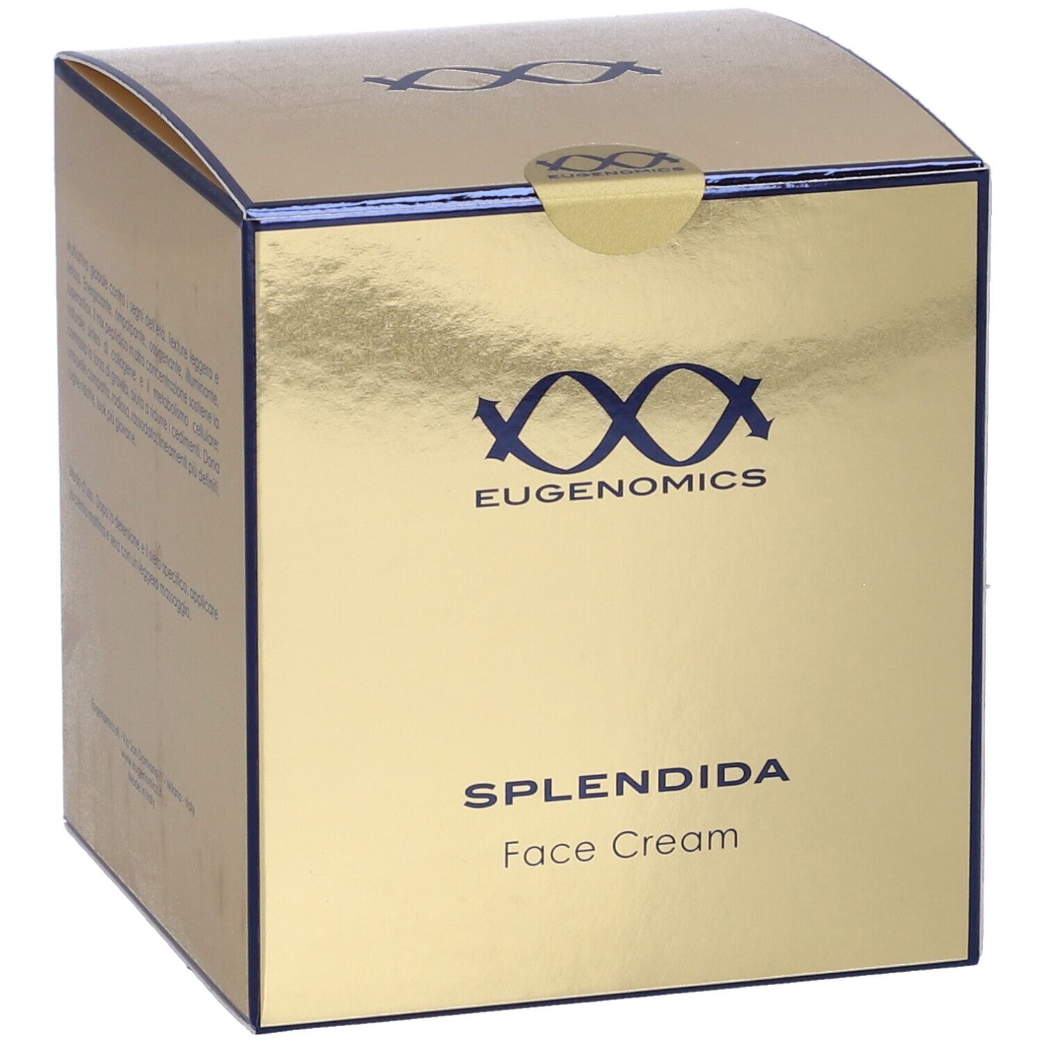 Scatola dorata con scritte blu. Scritto: EUGENOMICS, SPLENDIDA Face Cream. Sigillo.