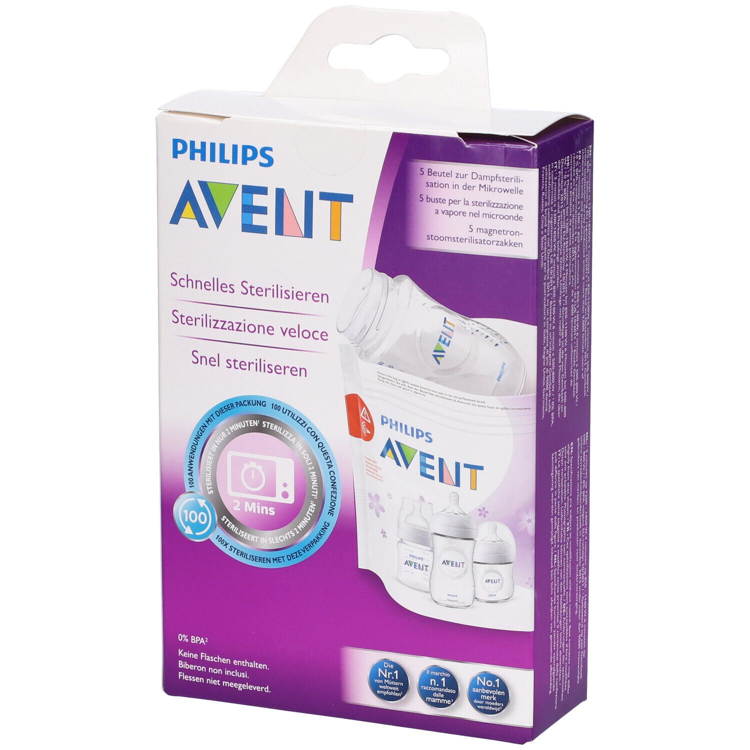 Confezione con logo Avent. Contiene buste per sterilizzazione microonde. Sterilizzazione veloce.