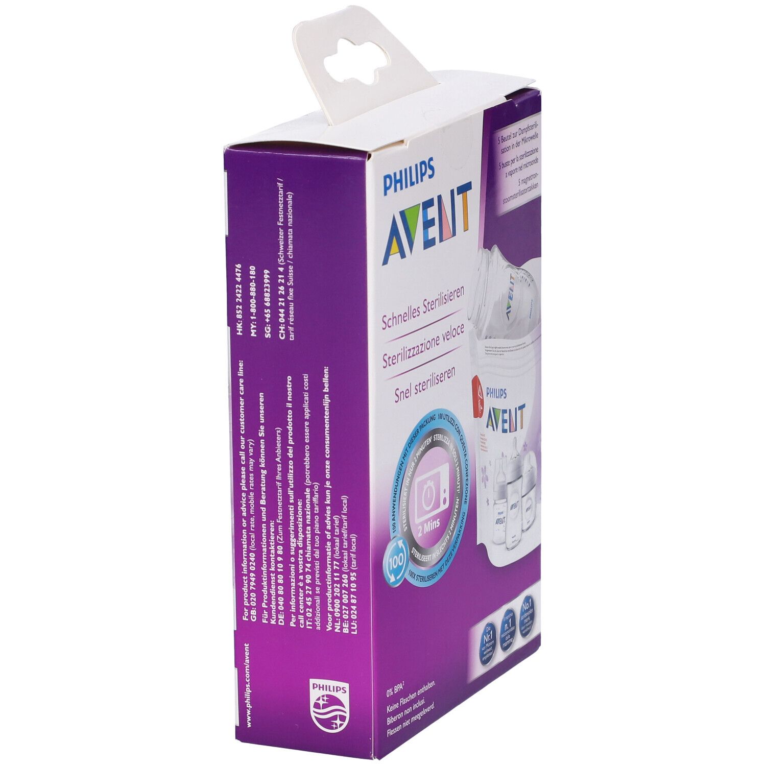 Confezione con logo Avent. Contiene buste per sterilizzazione microonde. Sterilizzazione veloce.