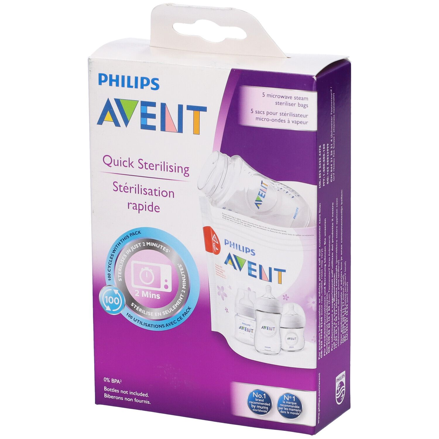 Confezione con logo Avent. Contiene buste per sterilizzazione microonde. Sterilizzazione veloce.