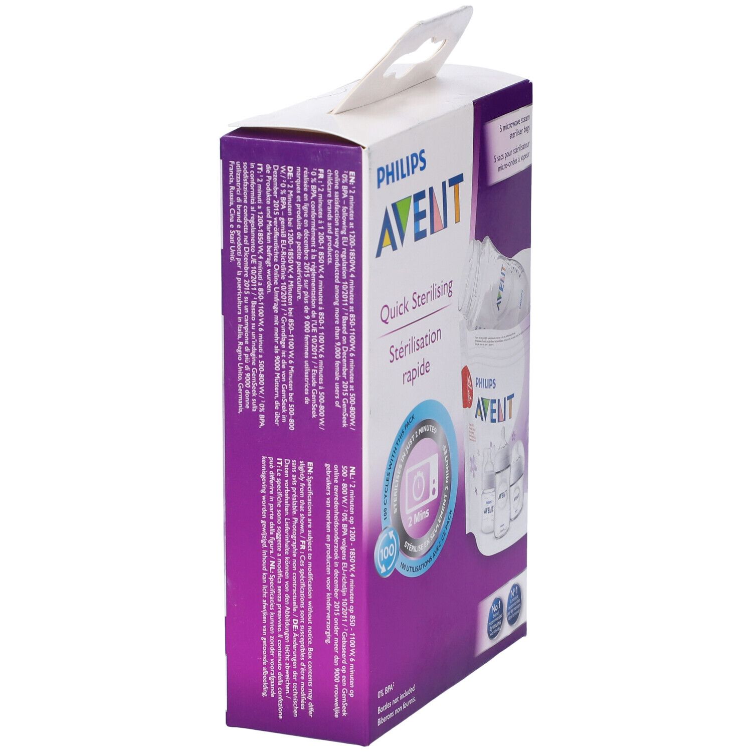 Confezione con logo Avent. Contiene buste per sterilizzazione microonde. Sterilizzazione veloce.
