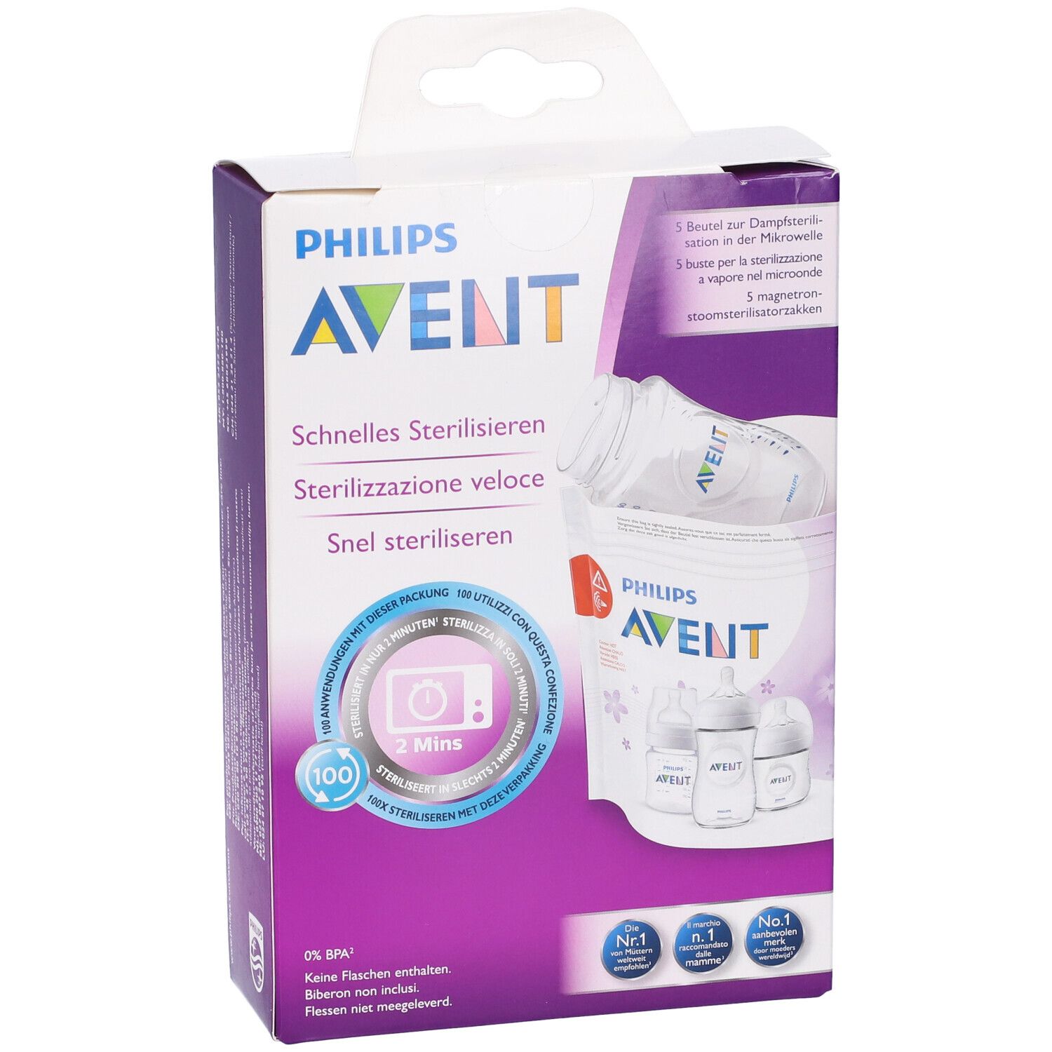 Confezione con logo Avent. Contiene buste per sterilizzazione microonde. Sterilizzazione veloce.