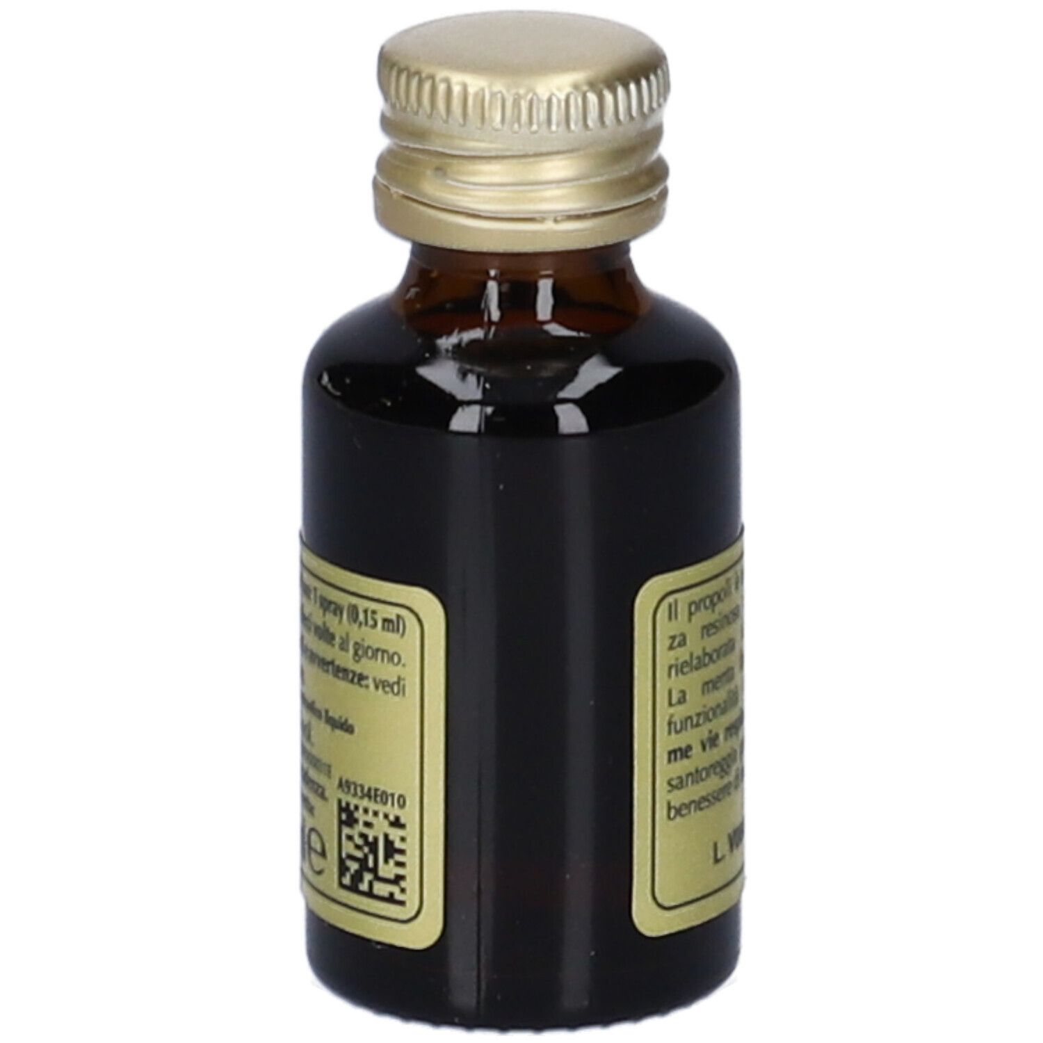 Braune Glasflasche mit goldenem Deckel. Etikett mit Produktinformationen.