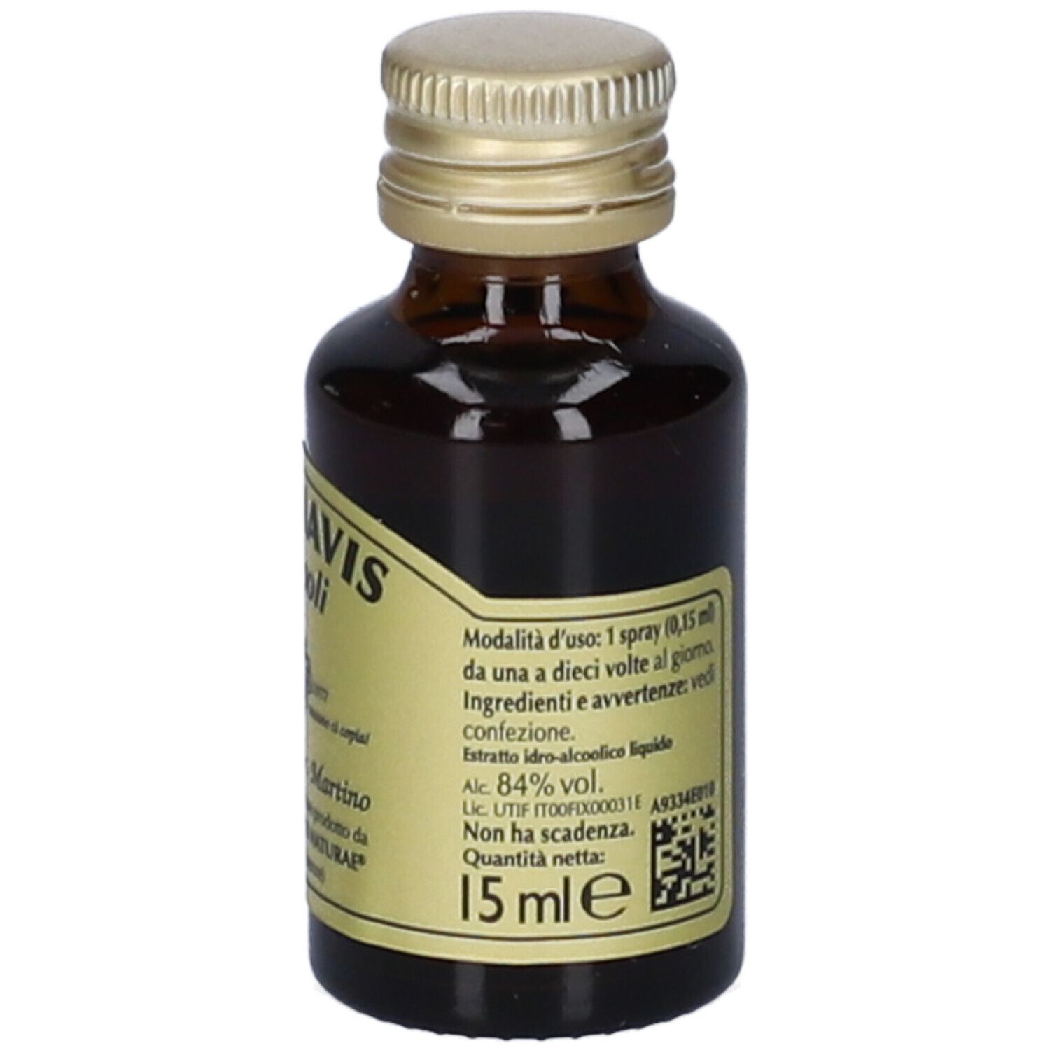 Braune Glasflasche mit goldenem Deckel. Etikett mit Produktinformationen und Volumenangabe: 15 ml.