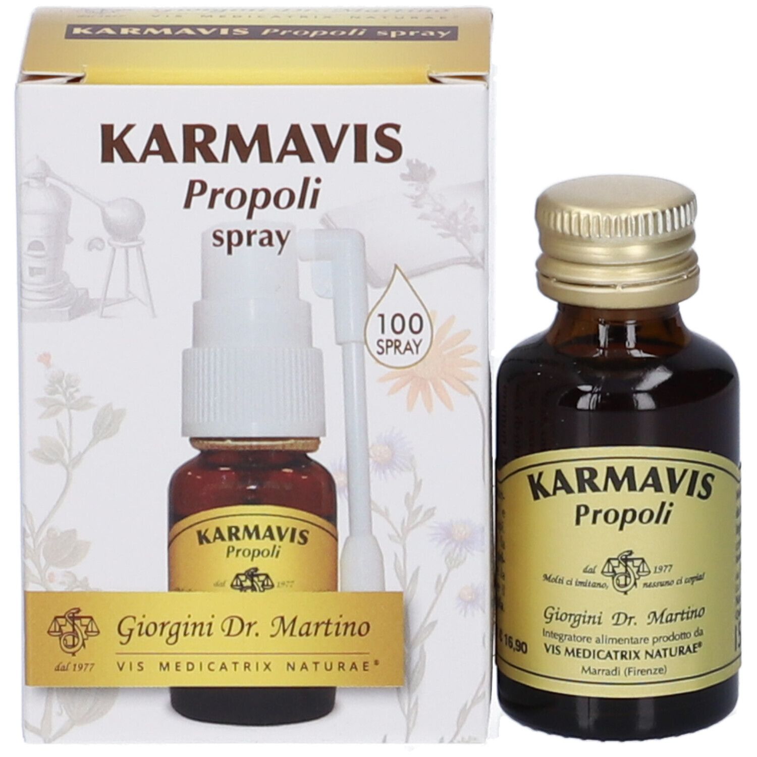 Produktflasche und Verpackung. Flasche mit goldenem Deckel. Sprayflasche und Karton.