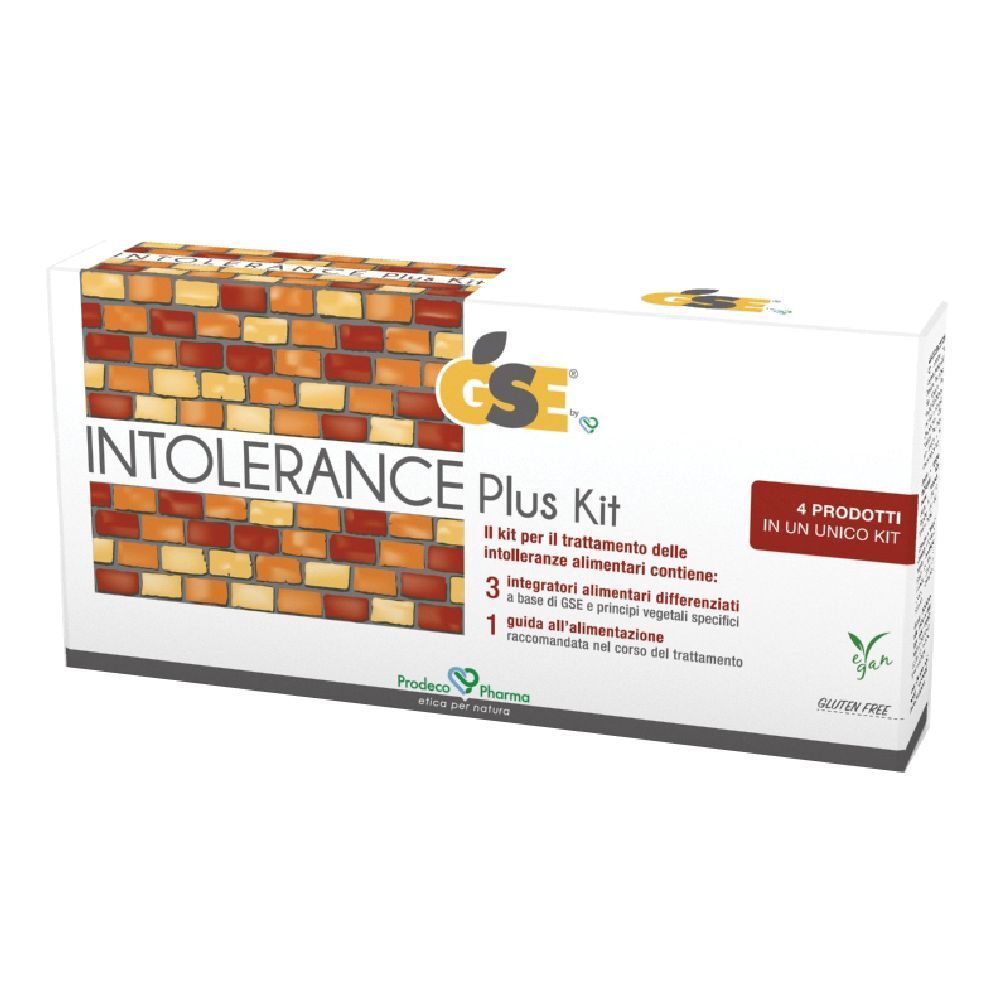 Scatola "INTOLERANCE Plus Kit". Contiene 4 prodotti. Logo GSE. Senza glutine.