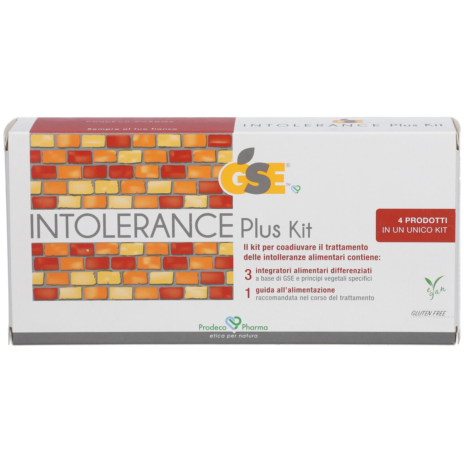 Scatola "INTOLERANCE Plus Kit". Contiene 4 prodotti. Logo GSE. Senza glutine.