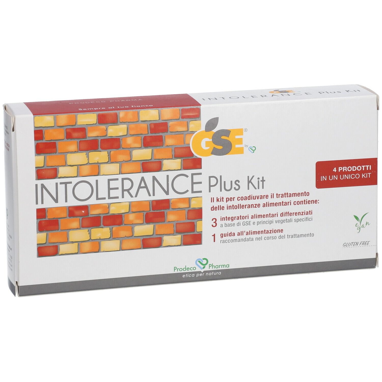 Scatola "INTOLERANCE Plus Kit". Contiene 4 prodotti. Logo GSE. Senza glutine.
