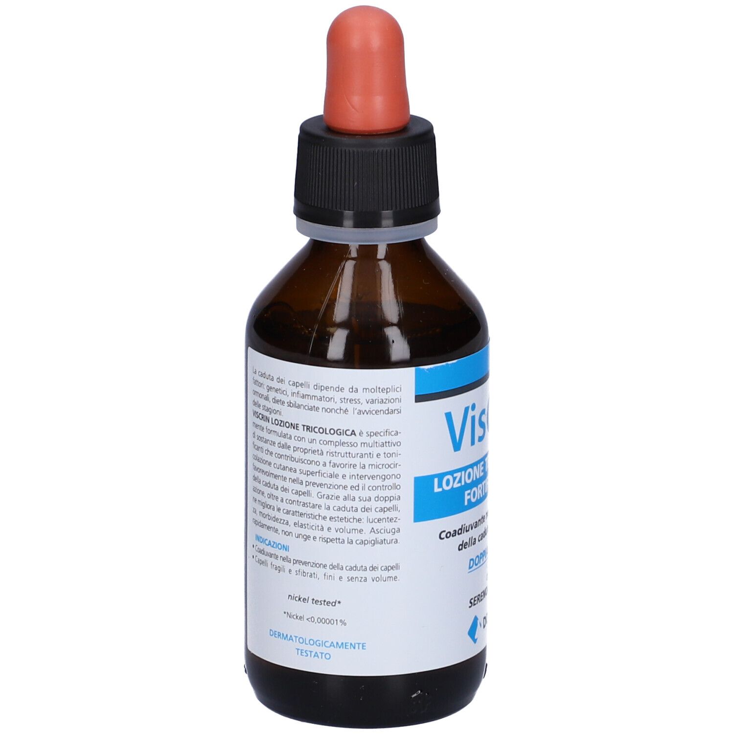 Flacone di vetro marrone con contagocce. Scritta: Viscrin Lozione Tricologica fortificante. Testato dermatologicamente.