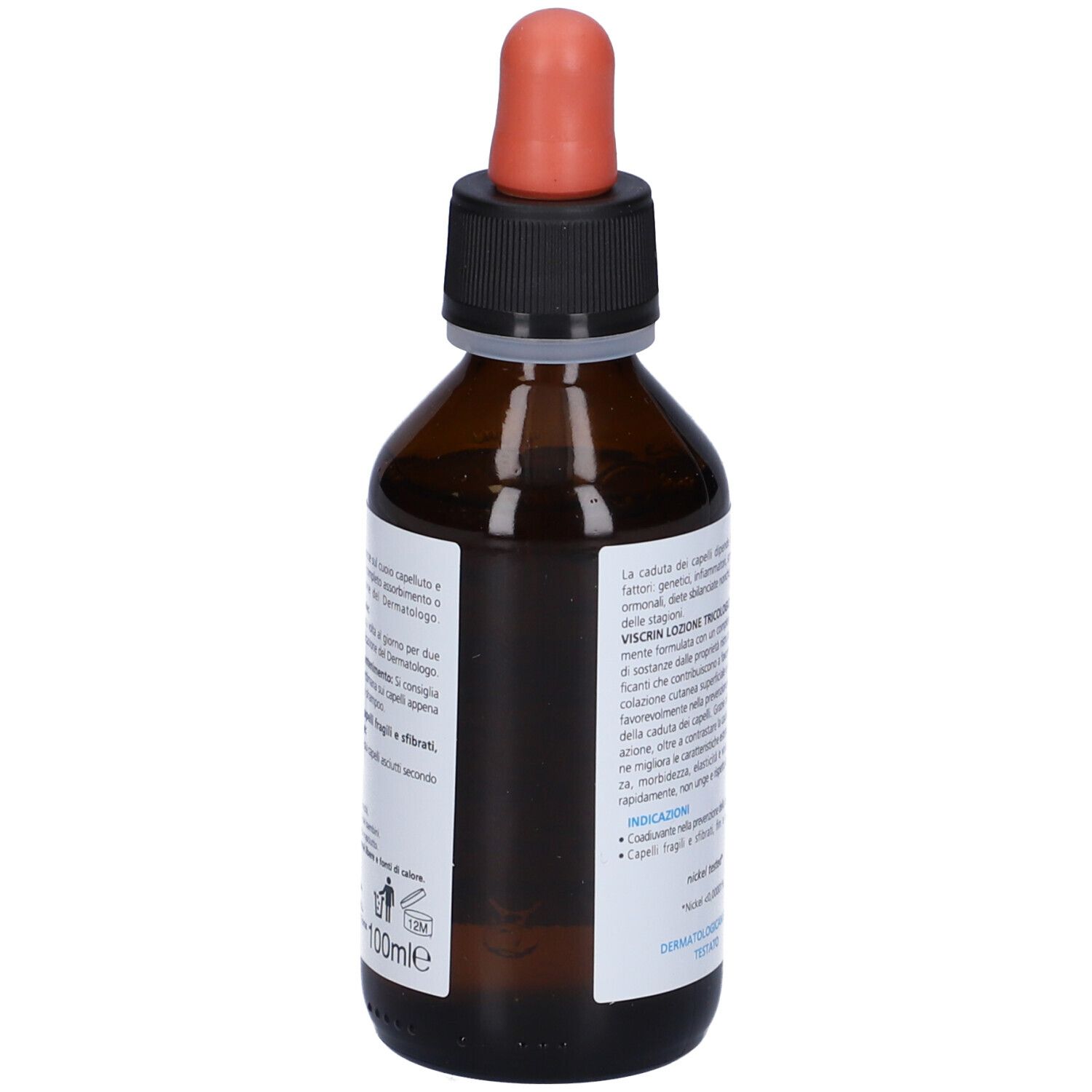 Flacone di vetro marrone con contagocce. Scritta: Viscrin Lozione Tricologica fortificante. Informazioni e ingredienti.