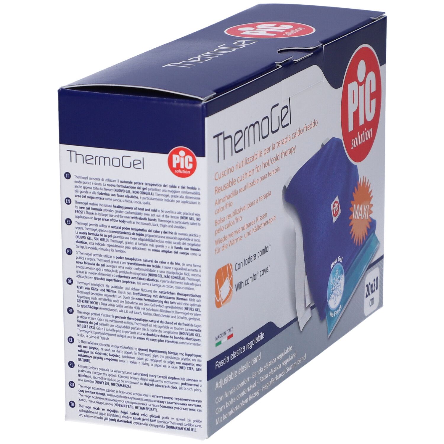 Confezione con cuscino Thermogel blu e cover bianca. Marchio PIC Solution. Dimensioni 20x30 cm. Fascia elastica regolabile.