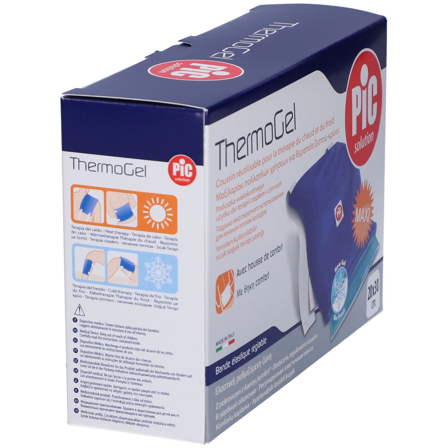 Confezione con cuscino Thermogel blu e cover bianca. Marchio PIC Solution. Dimensioni 20x30 cm. Fascia elastica regolabile.