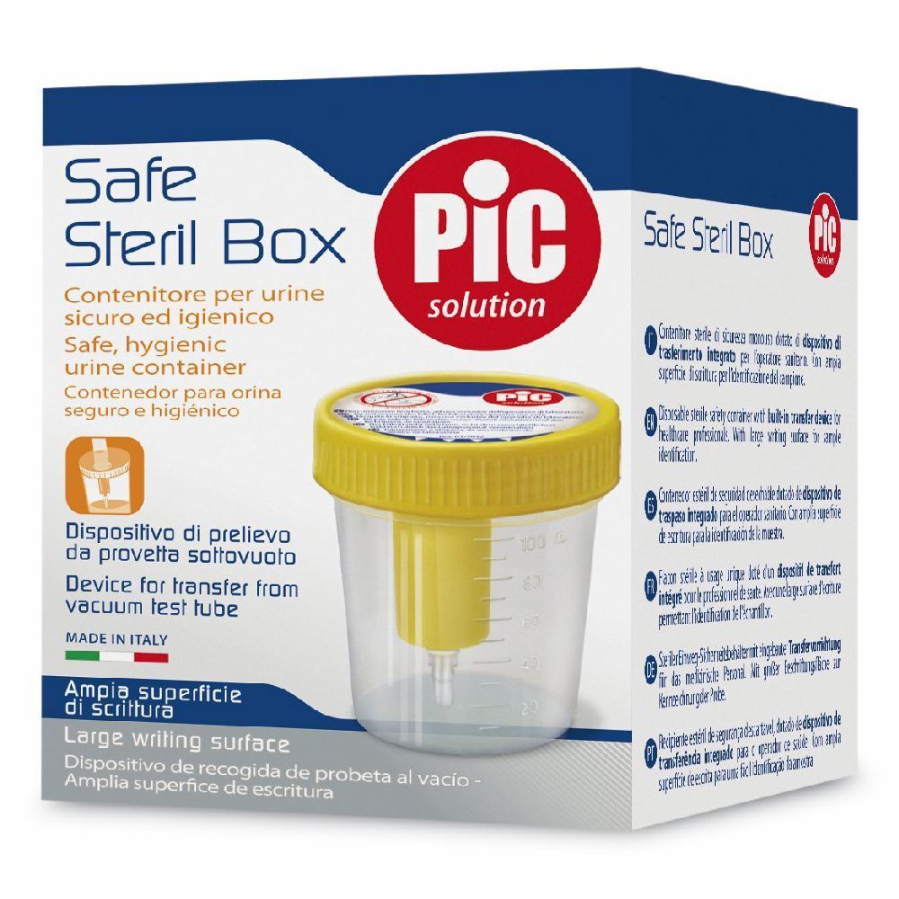 Contenitore Safe Steril Box con coperchio giallo e box trasparente. Logo PIC. Scritta: Safe Steril Box, Made in Italy.