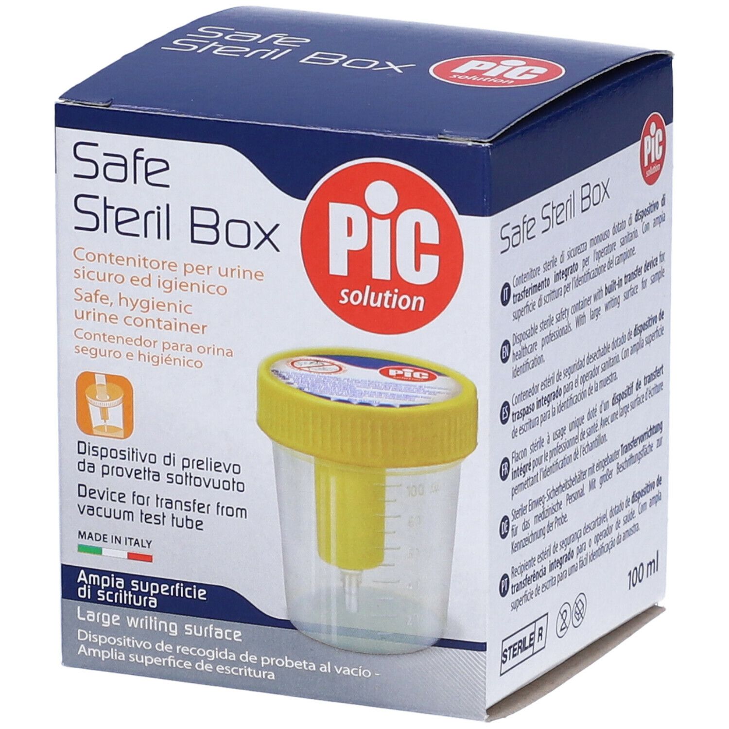 Confezione Safe Steril Box con coperchio giallo e contenitore trasparente. Logo PIC. Scritta: Safe Steril Box, 100 ml, Steril R.