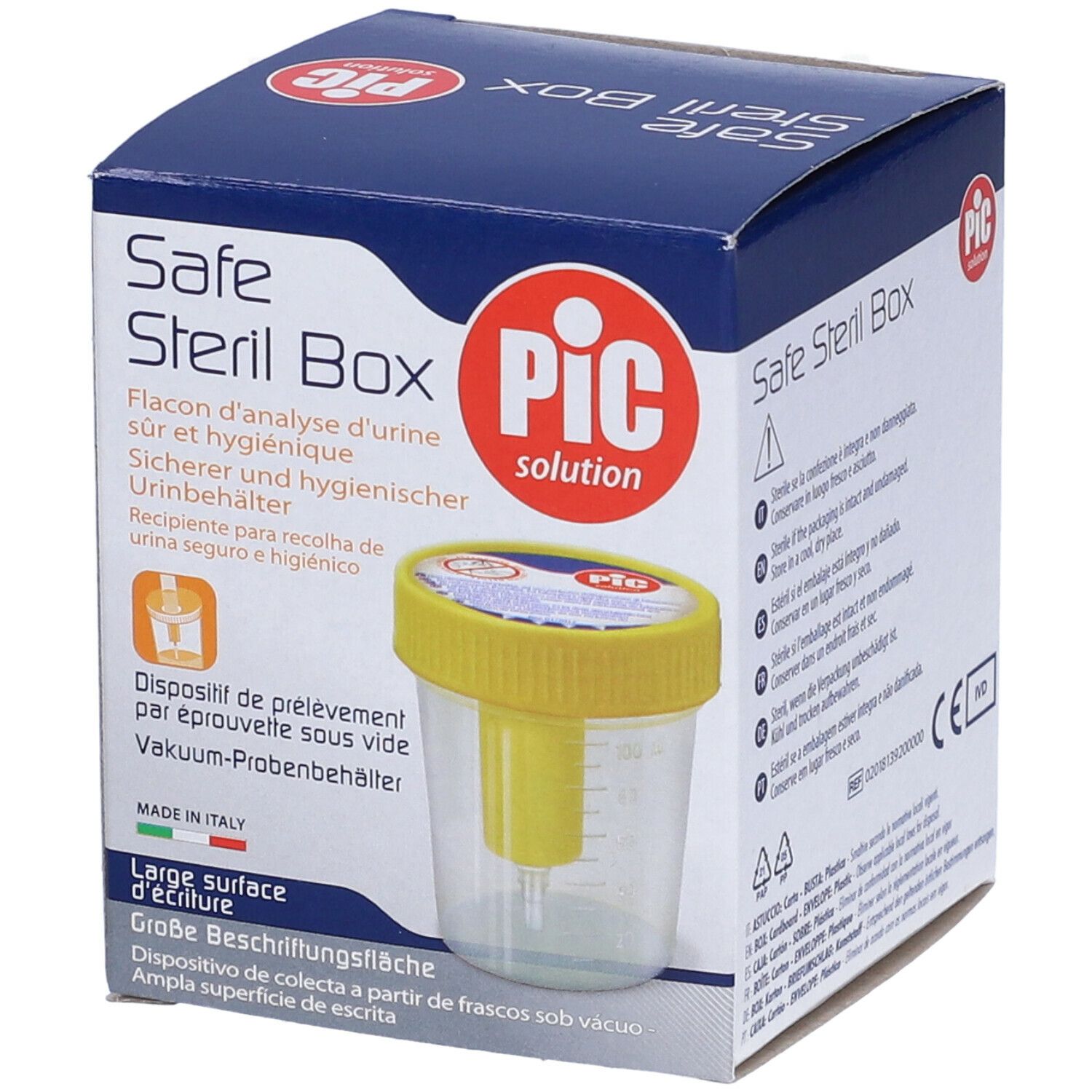Confezione Safe Steril Box con coperchio giallo e contenitore trasparente. Logo PIC. Scritta: Safe Steril Box, marcatura CE.
