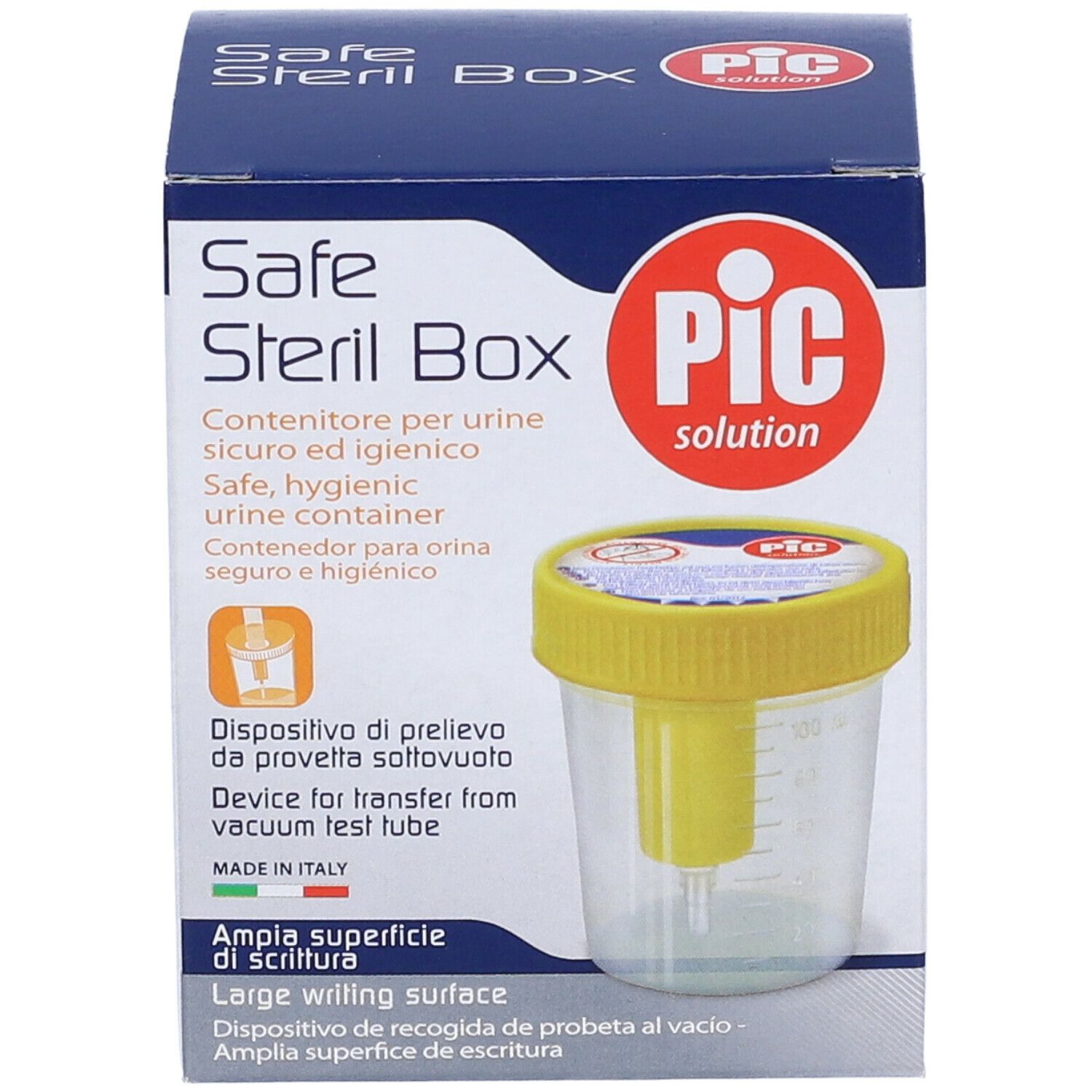 Contenitore Safe Steril Box con coperchio giallo e box trasparente. Logo PIC. Scritta: Safe Steril Box, Made in Italy.