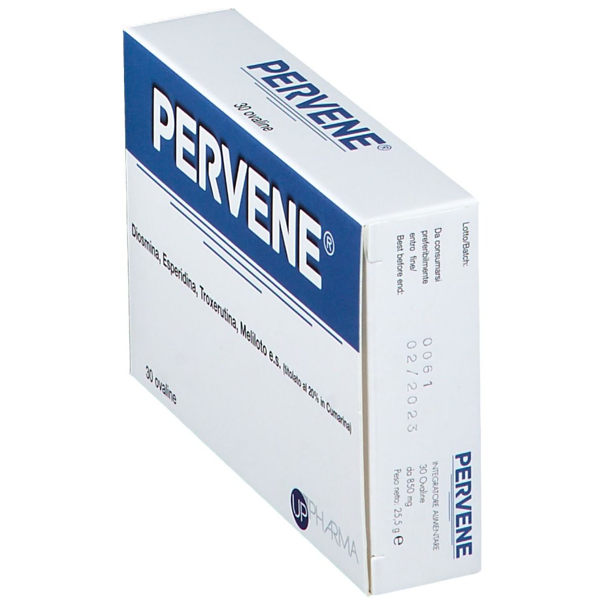 Schachtel PERVENE, schräg. Aufschrift: PERVENE, 30 ovale Tabletten. Angaben zu Inhaltsstoffen und Haltbarkeit.