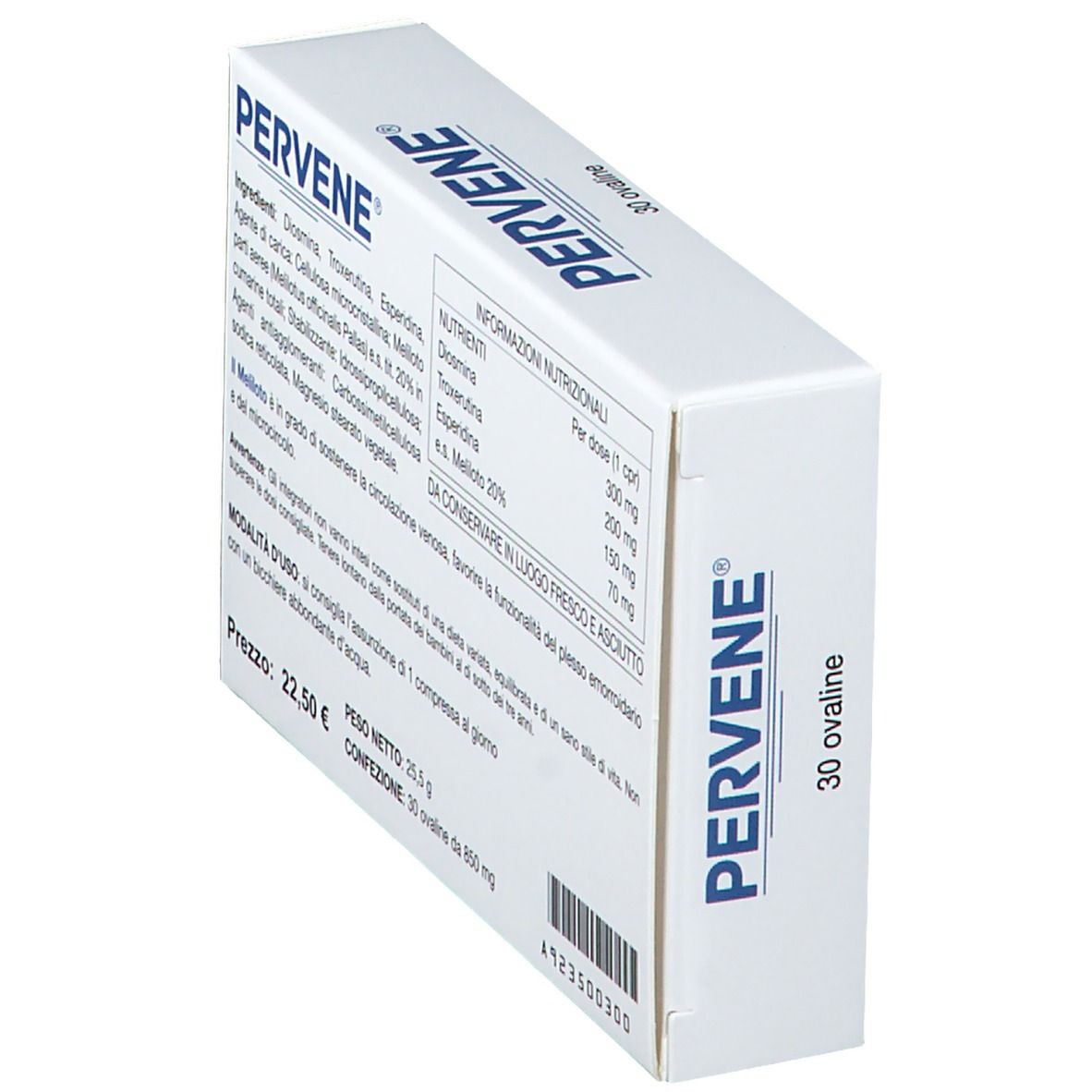 Schräg gestellte PERVENE-Schachtel. Aufschrift: PERVENE, 30 ovale Tabletten. Inhaltsstoffe und Nährwertangaben.