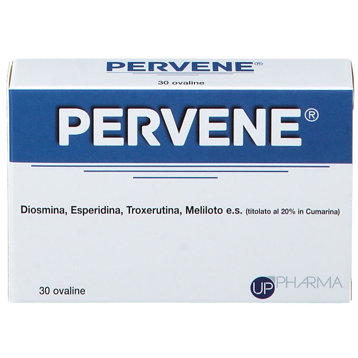 Weiße Schachtel mit blauem Streifen. Aufschrift: PERVENE, 30 ovale Tabletten. Inhaltsstoffe.