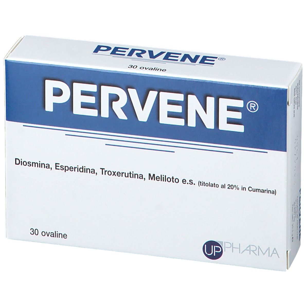 Weiße Schachtel mit blauem Streifen. Aufschrift: PERVENE, 30 ovale Tabletten. Inhaltsstoffe und UP Pharma Logo.