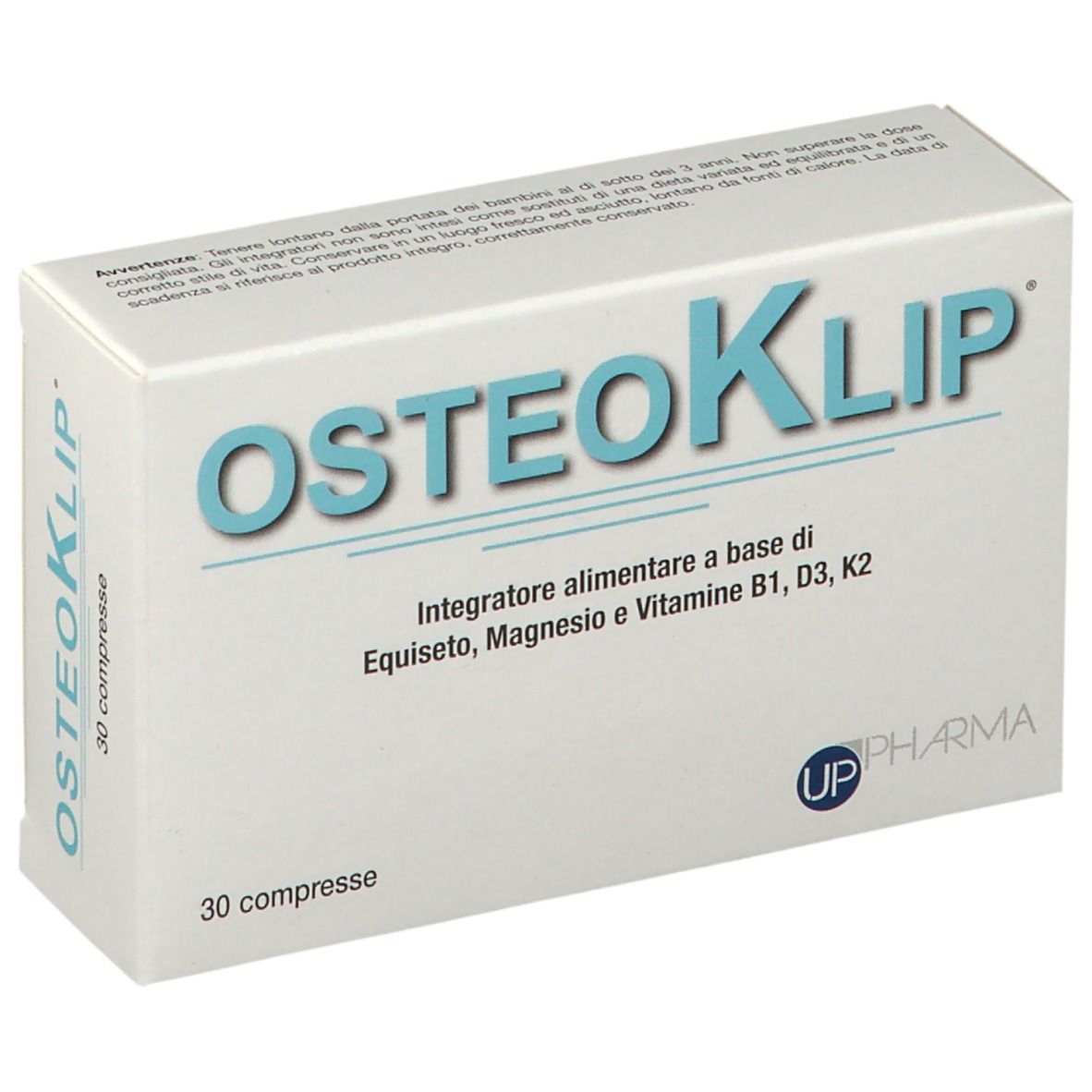 Scatola bianca con scritta blu "OSTEOKLIP". Contiene 30 compresse. Logo "UP Pharma".