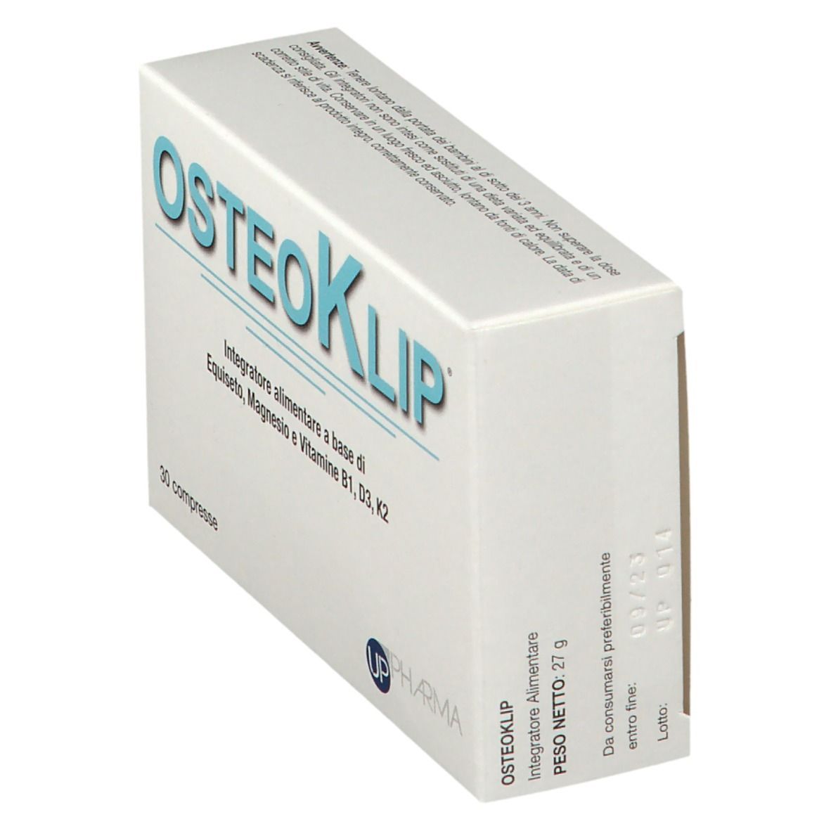 Scatola bianca inclinata con scritta "OSTEOKLIP". Contiene 27g. Logo "UP Pharma". Scadenza.