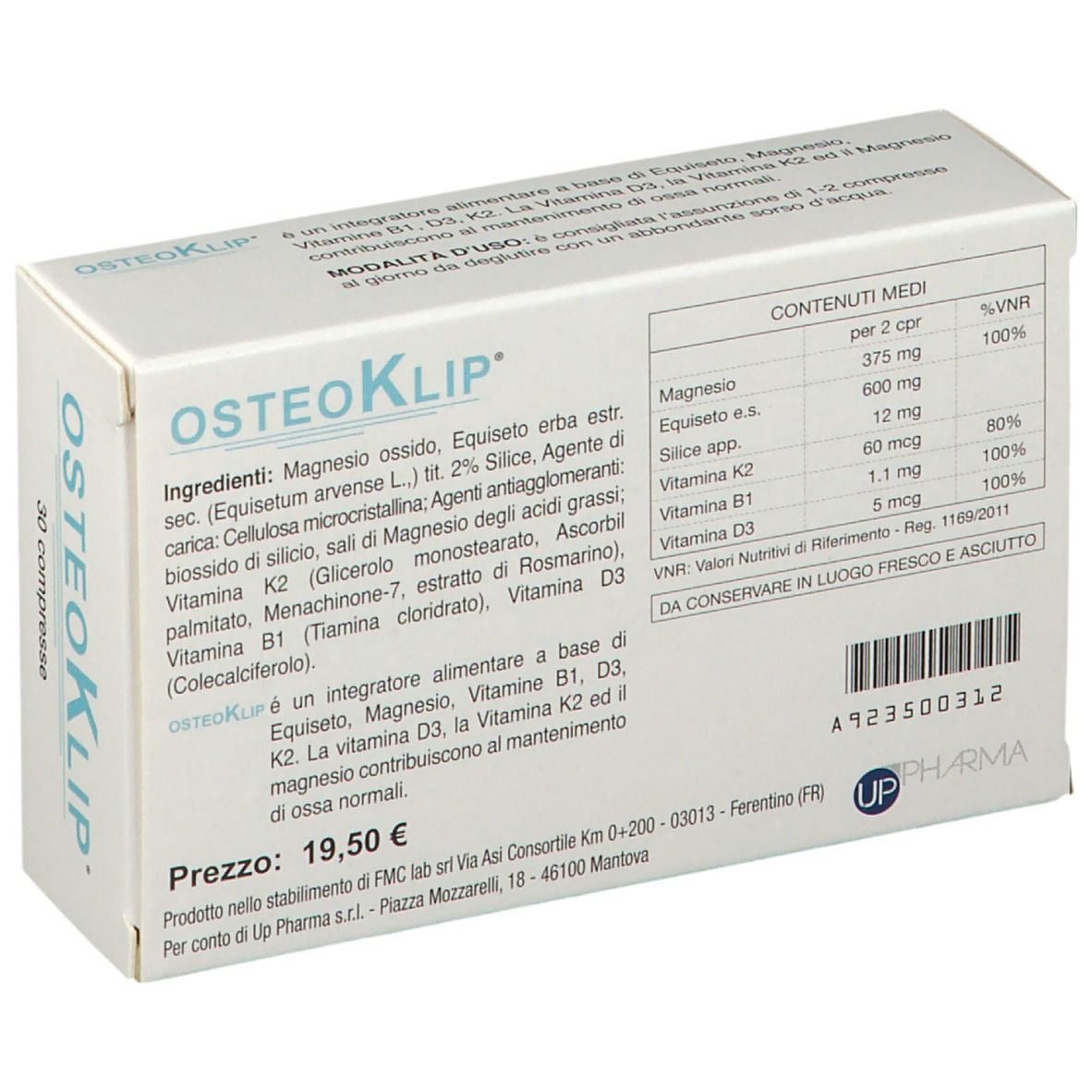 Scatola bianca con scritta "OSTEOKLIP". Ingredienti e tabella nutrizionale. Logo "UP Pharma". 30 compresse.