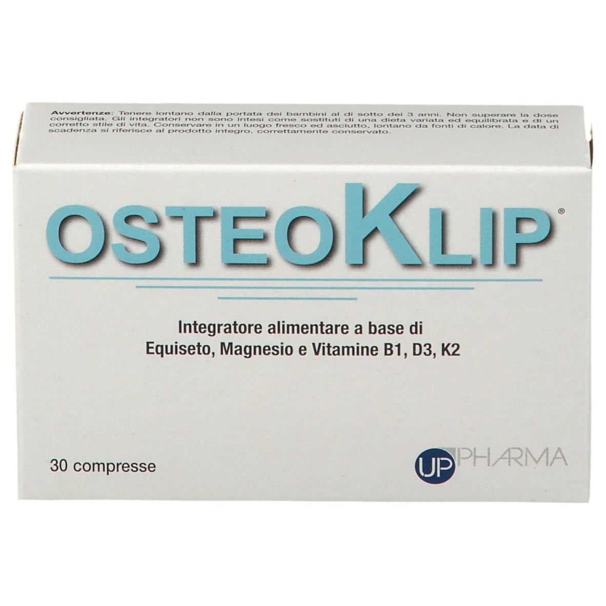 Scatola bianca con scritta blu "OSTEOKLIP". Contiene 30 compresse. Logo "UP Pharma".