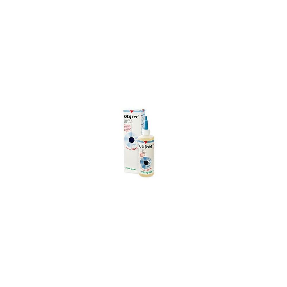 Flacone e confezione di Otifree. Flacone con etichetta blu e beccuccio dosatore. Confezione con nome del prodotto e logo.