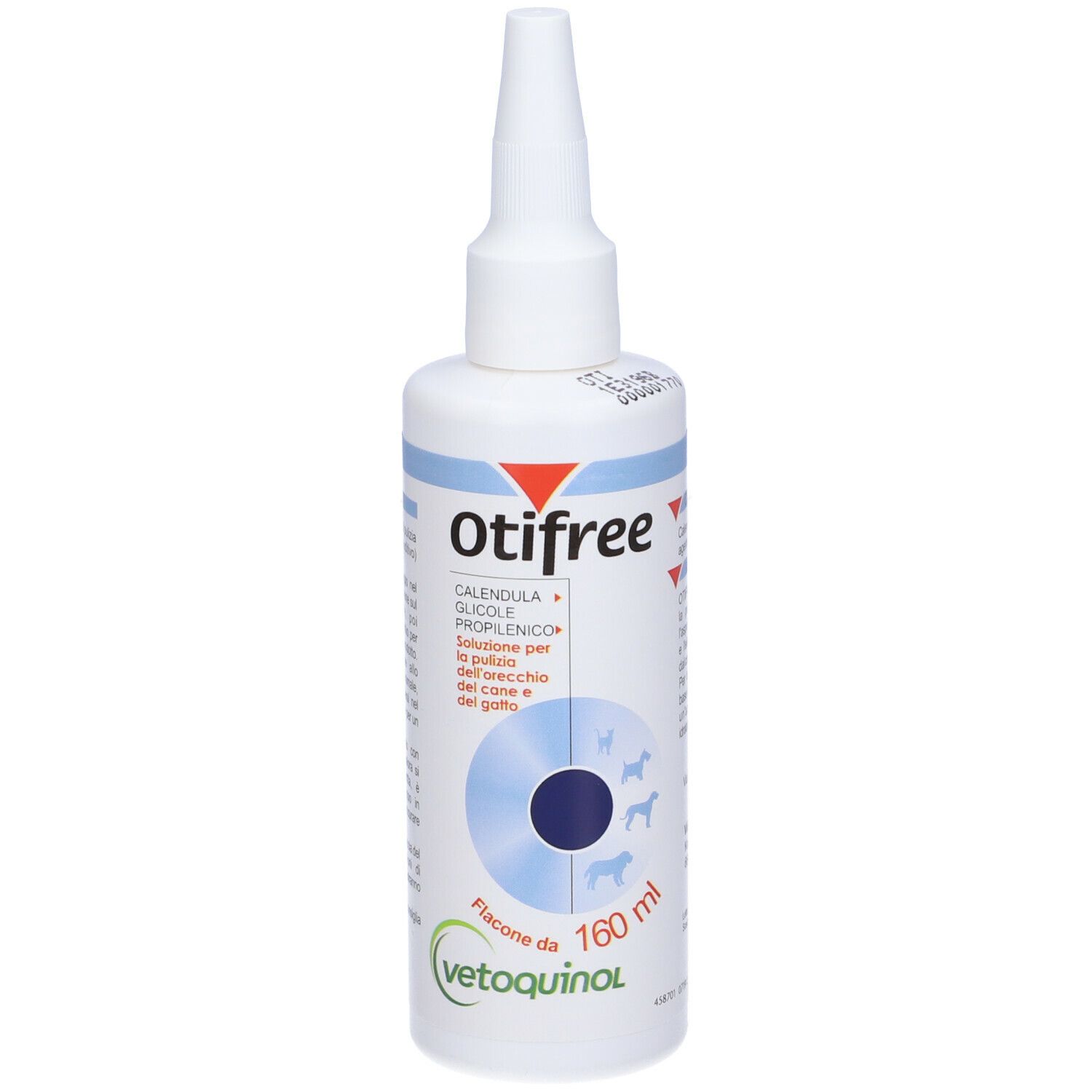 Flacone bianco Otifree con beccuccio dosatore. Etichetta blu con nome del prodotto, ingredienti e logo. 160 ml.