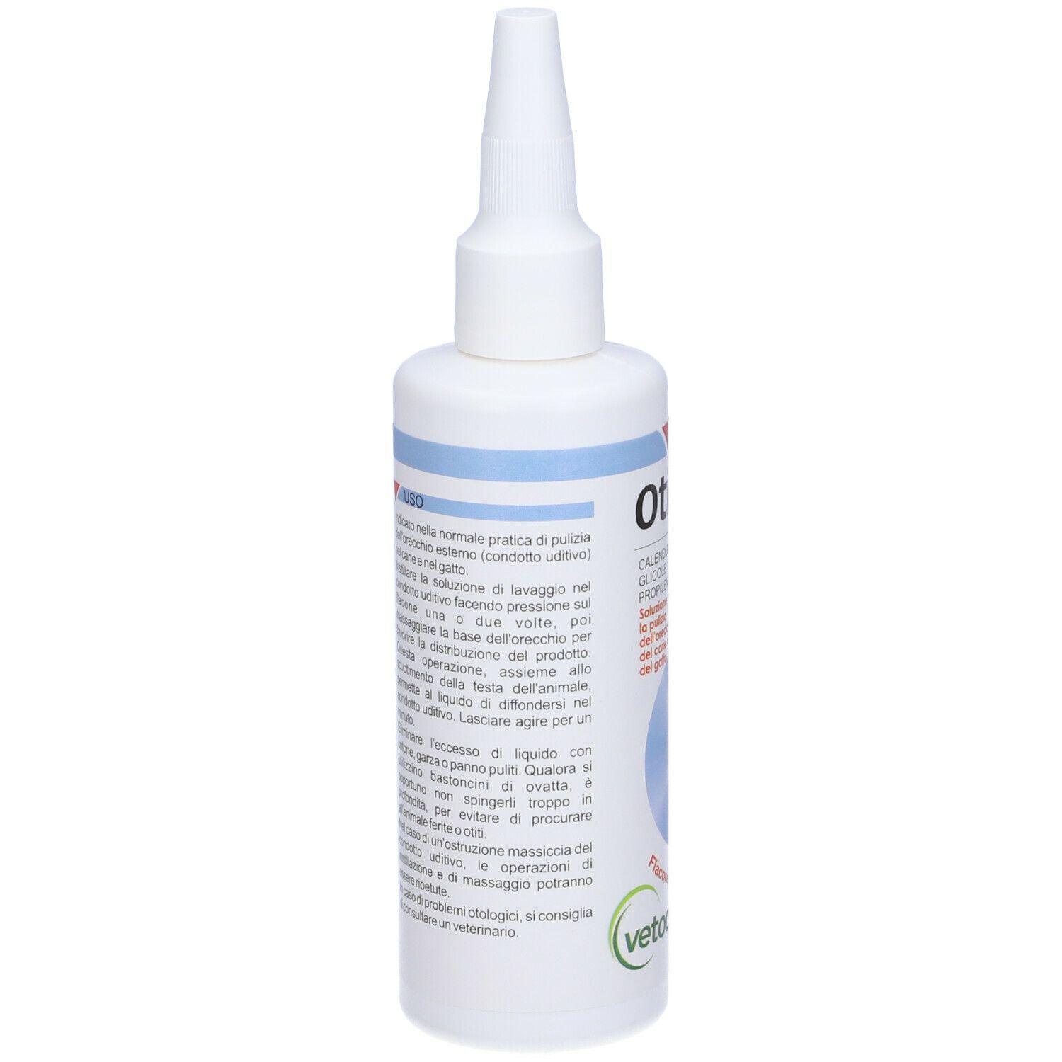 Flacone bianco Otifree con beccuccio dosatore. Etichetta blu con informazioni sul prodotto. Vista posteriore.