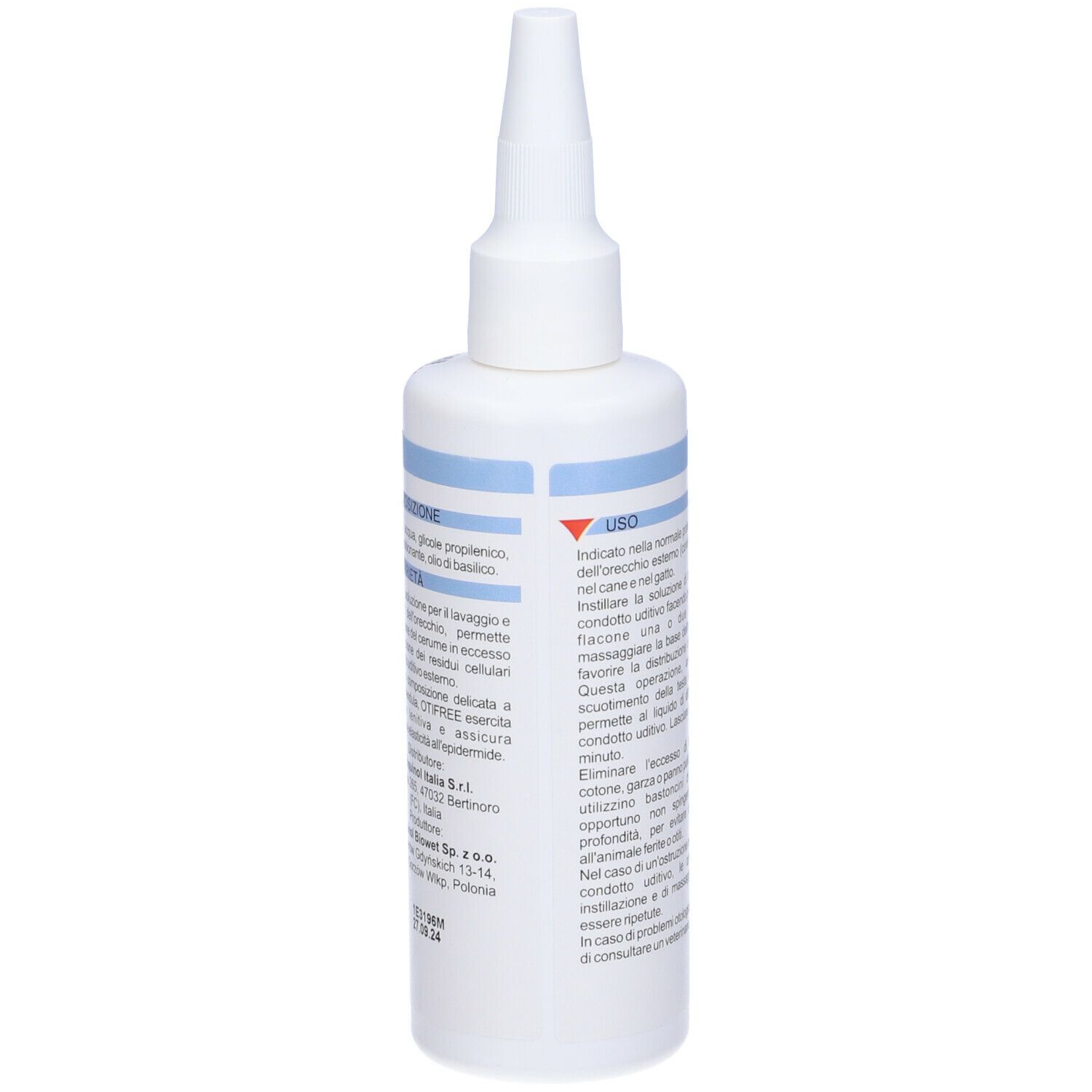 Flacone bianco Otifree con beccuccio dosatore. Etichetta blu con informazioni sul prodotto. Vista laterale.