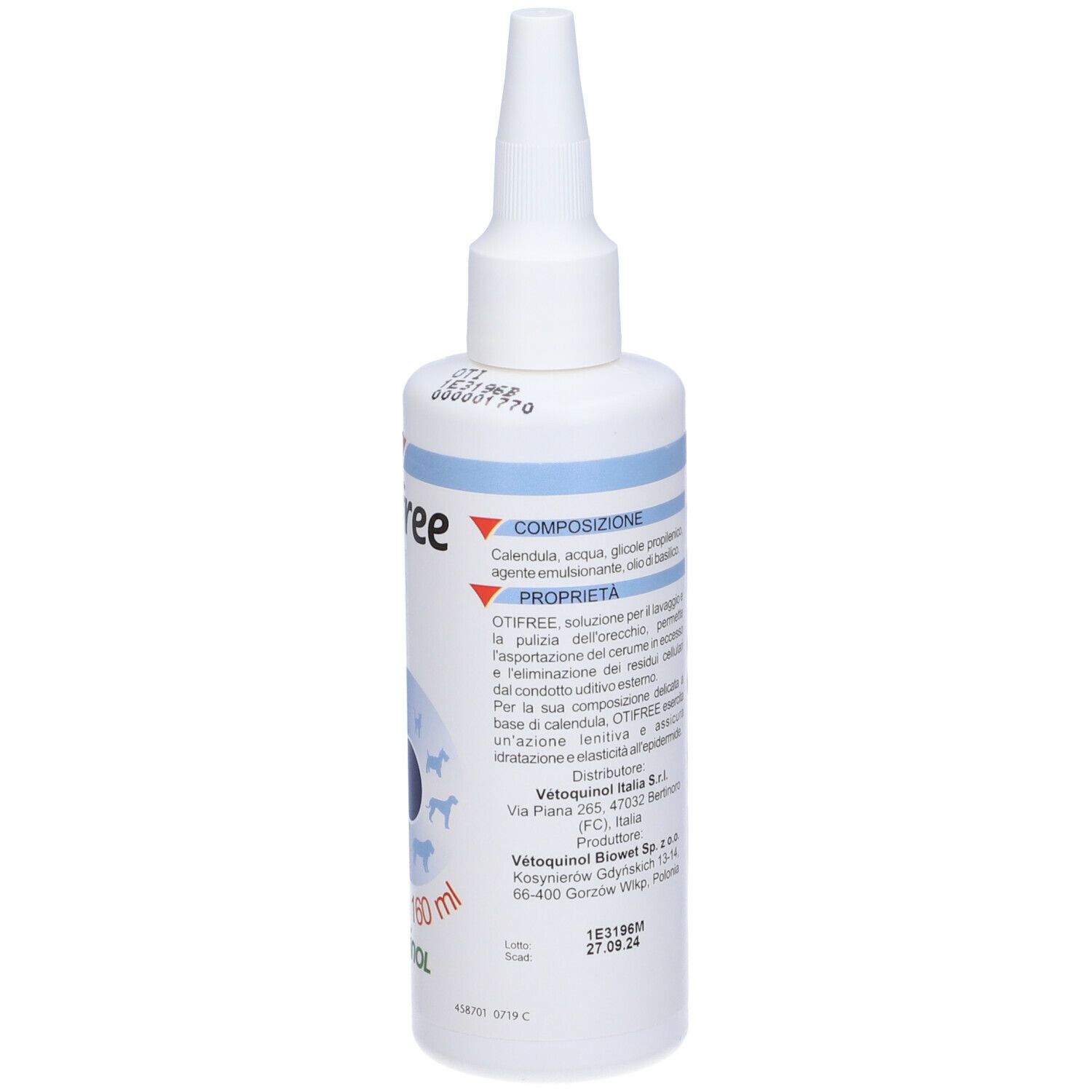 Flacone bianco Otifree con beccuccio dosatore. Etichetta blu con informazioni sul prodotto. Vista laterale.