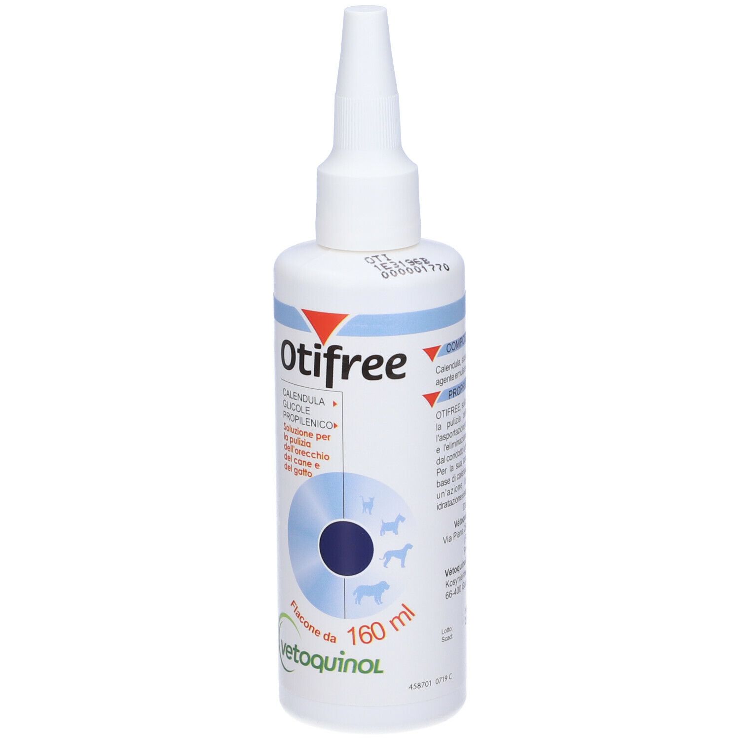 Flacone bianco Otifree con beccuccio dosatore. Etichetta blu con informazioni sul prodotto. Vista laterale.