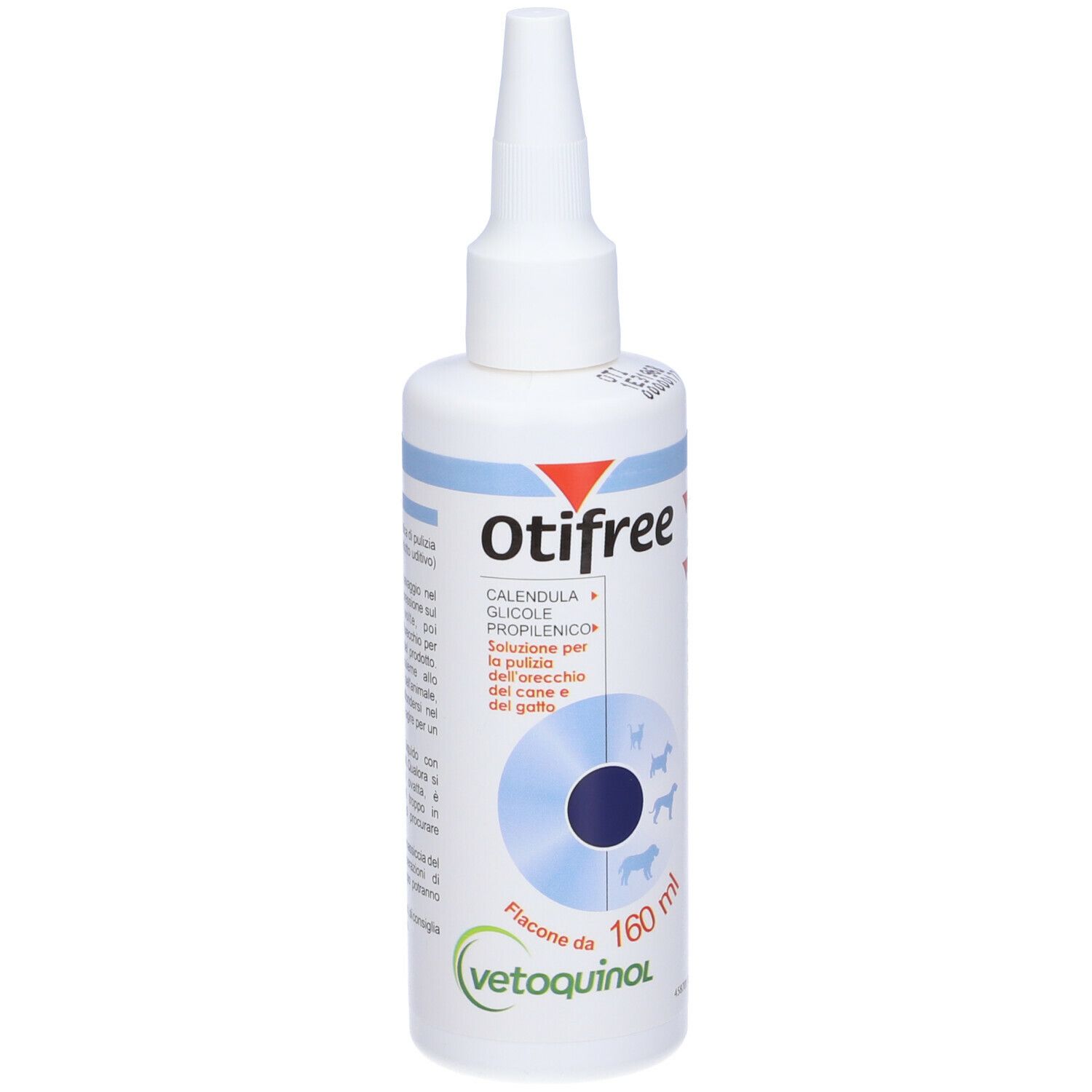 Flacone bianco Otifree con beccuccio dosatore. Etichetta blu con informazioni sul prodotto. Vista laterale.