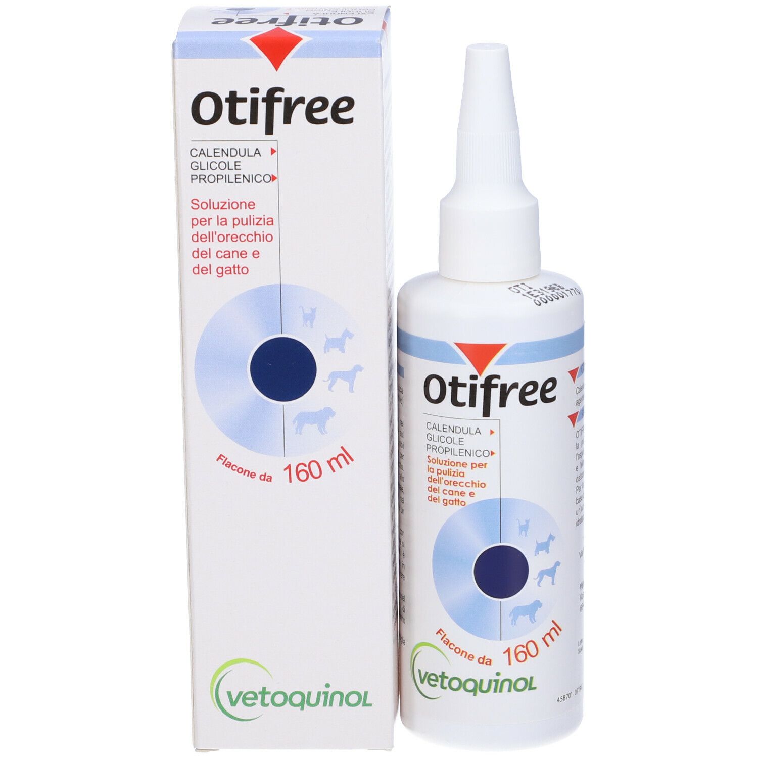 Flacone e confezione Otifree. Flacone con beccuccio dosatore, etichetta blu. Confezione con nome e logo del prodotto.
