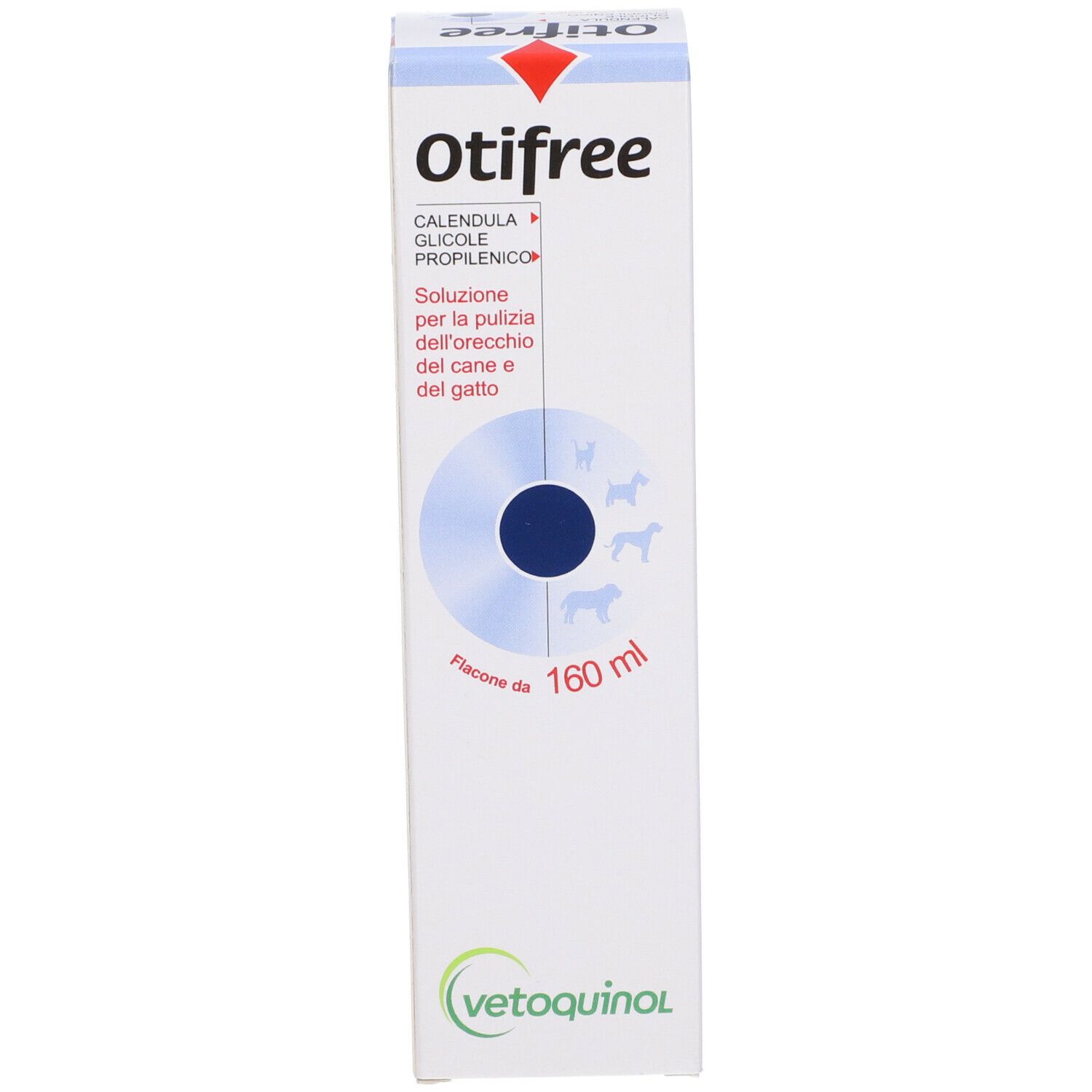 Confezione Otifree. Bianca con accento blu. Nome del prodotto, ingredienti e logo.
