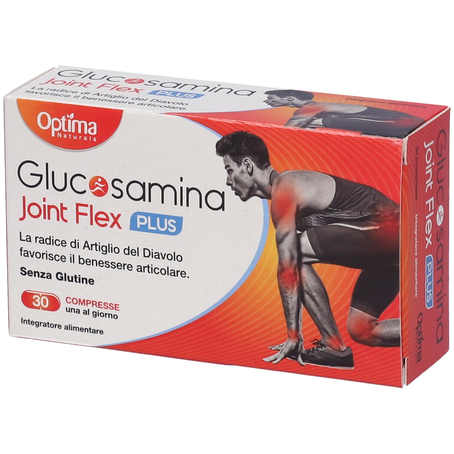 Scatola Optima Glucosamina Joint Flex Plus. Confezione rossa e bianca, nome prodotto e immagine di un uomo in movimento.