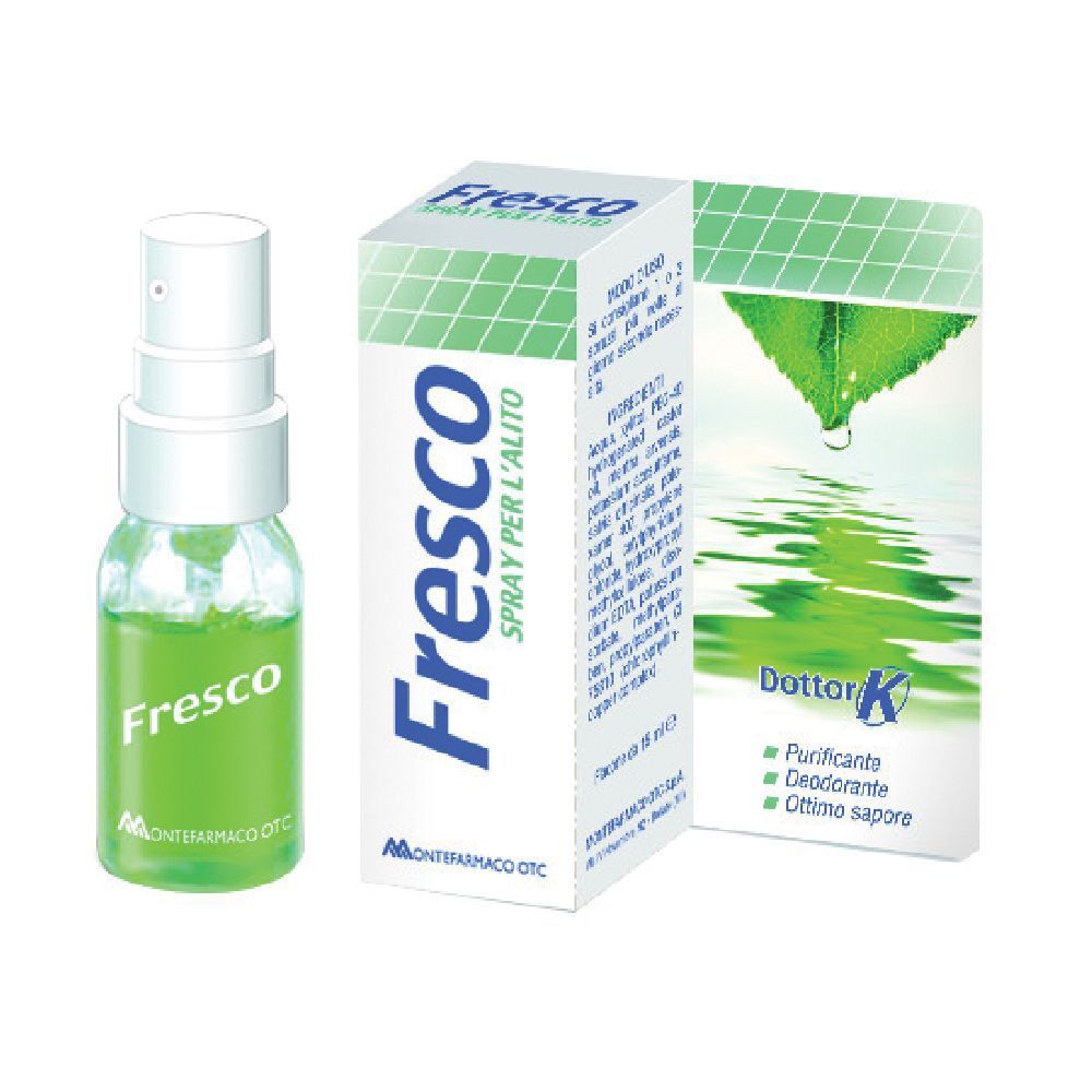 Sprayflasche mit grünlicher Flüssigkeit und Karton. Aufschrift "Fresco Spray per l'alito".