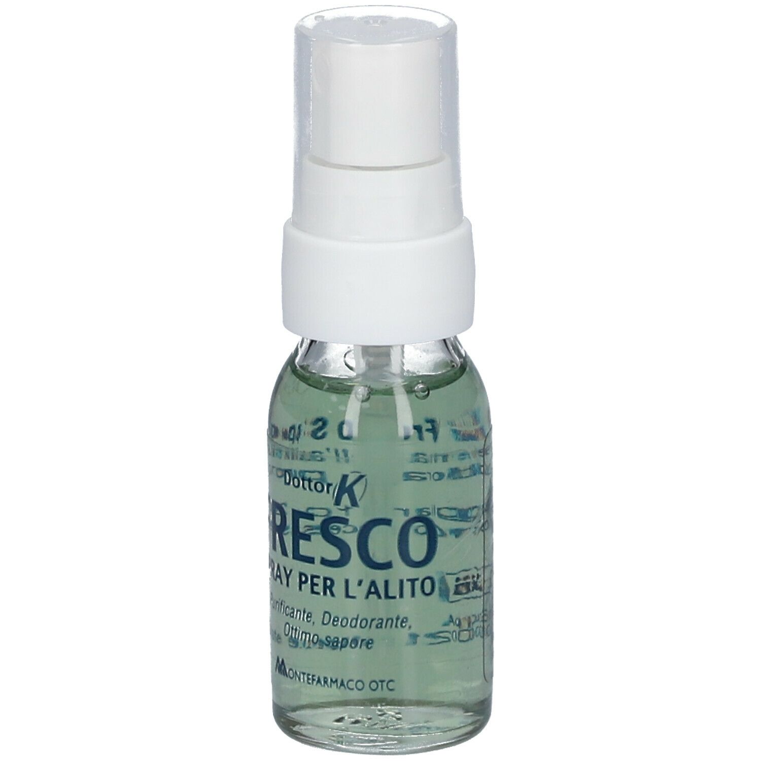 Klarer Sprayflakon mit grünlicher Flüssigkeit. Aufschrift "Fresco Spray per l'alito".