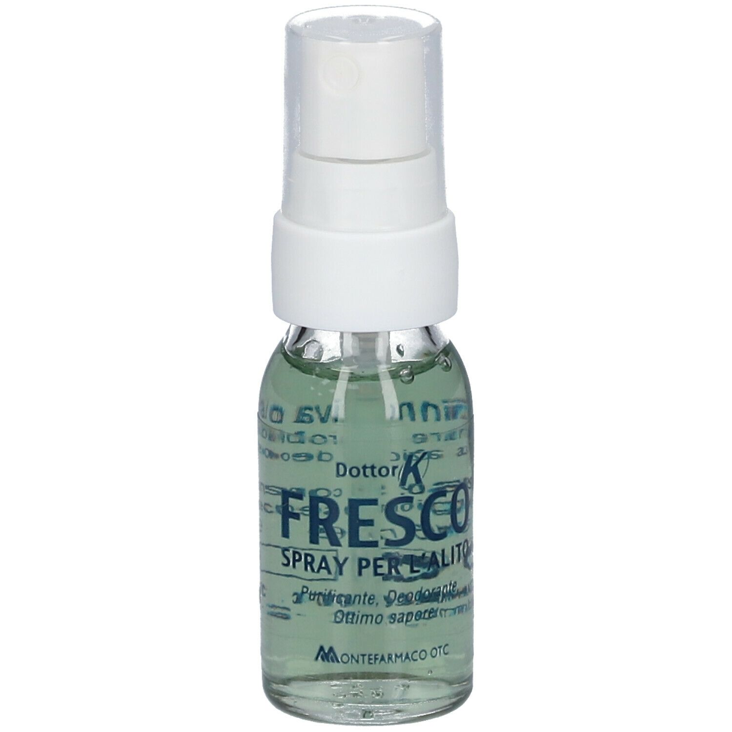 Klarer Sprayflakon mit grünlicher Flüssigkeit. Aufschrift "Fresco Spray per l'alito".