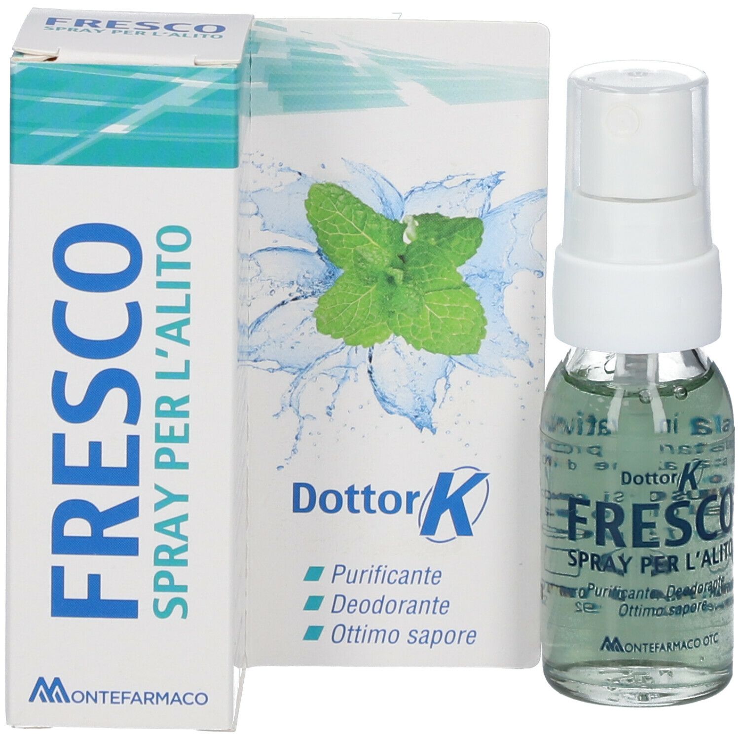Sprayflasche, Karton und Schachtel. Aufschrift "Fresco Spray per l'alito".