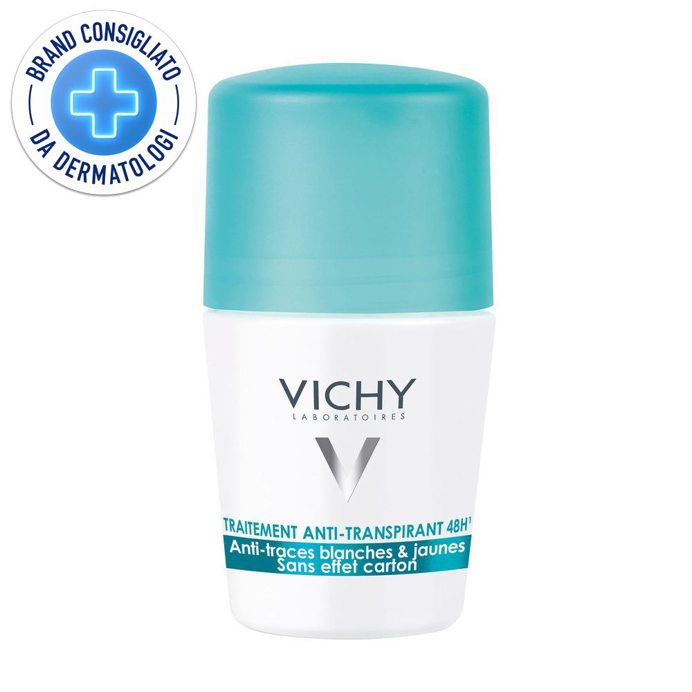 Deodorante roll-on con tappo blu. Scritta: VICHY, Anti-transpirant 48h. Logo: Brand Consigliato da Dermatologi.